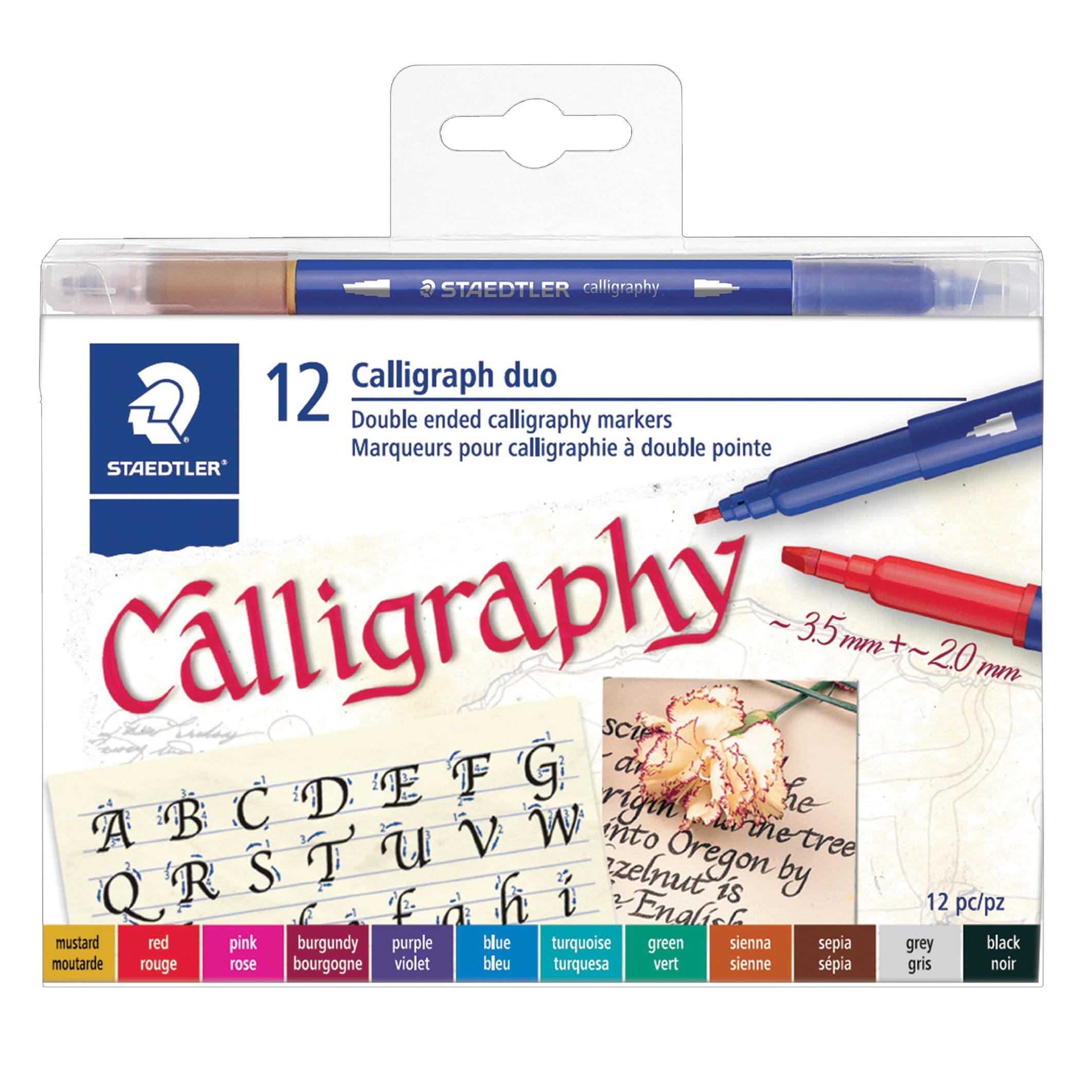 STAEDTLER Double Ended Calligraphy Markers set of 12 colours, Calligraph Duo, for Narrow and Broad Lettering Designs, Pigmented Ink