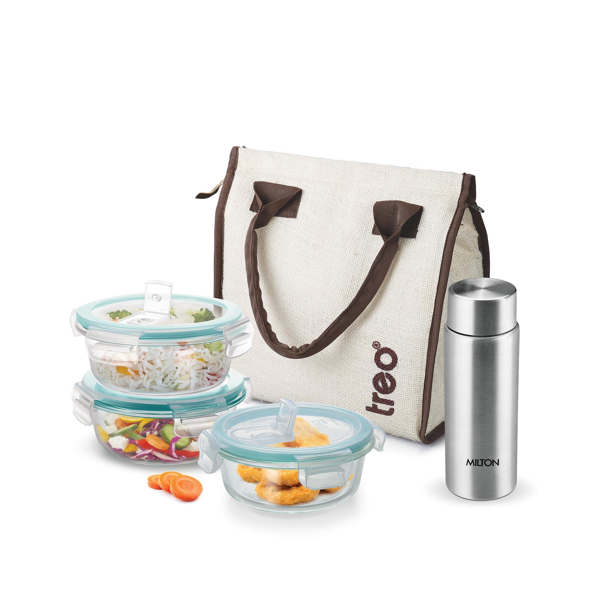 Treo By Milton All Terrain 4 Pcs Borosilicate Glass Round Tiffin Set of 3,400 ml each with Stylish Bag, Microwave & Oven Safe,Air Vent Leak-Proof Lid,ISI Certified Stainless Steel Bottle 450 ml |Brown