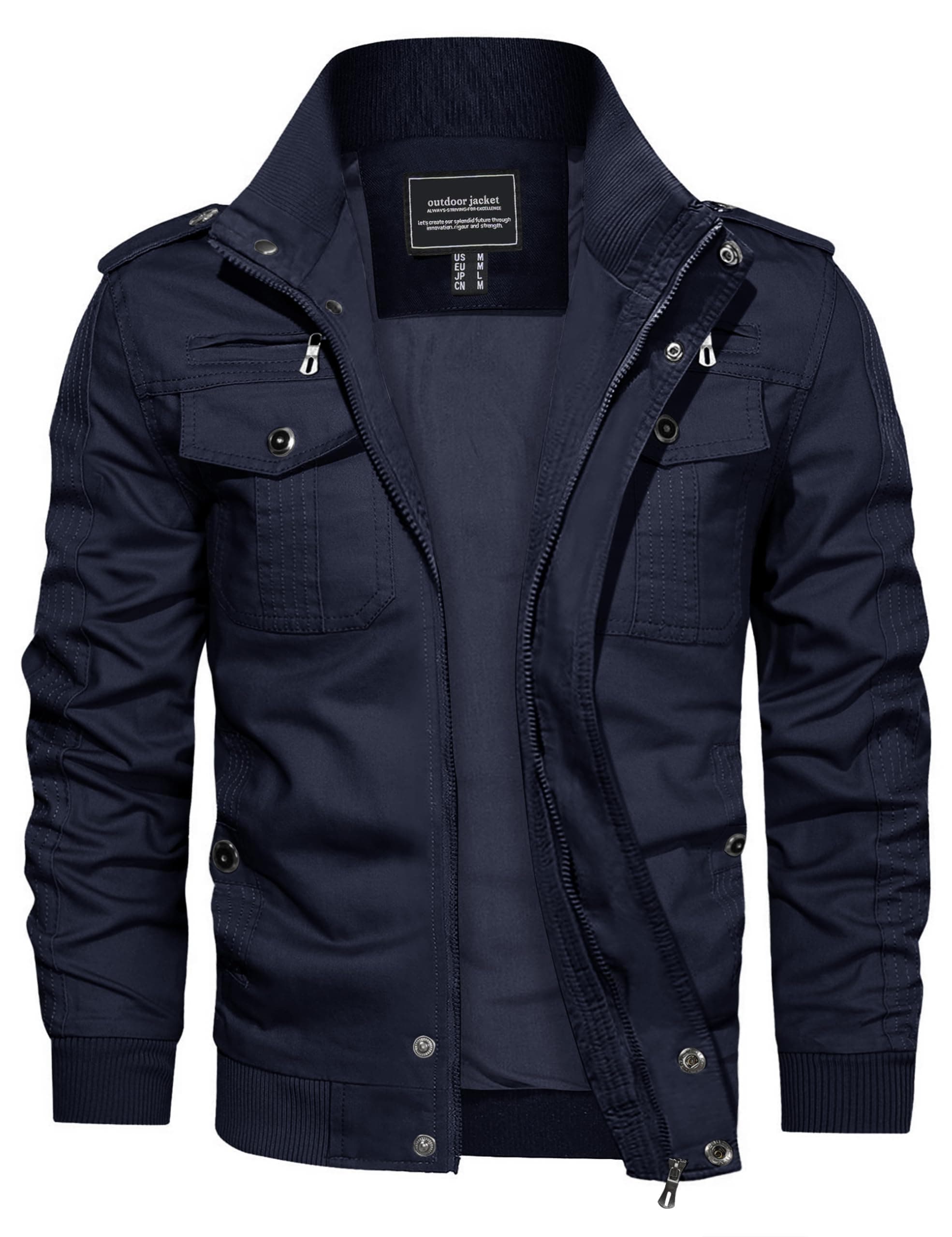 CRYSULLY Mens Fashion Fall Stand Collar Windbreaker Cargo Lightweight Field Jacket Navy Blue