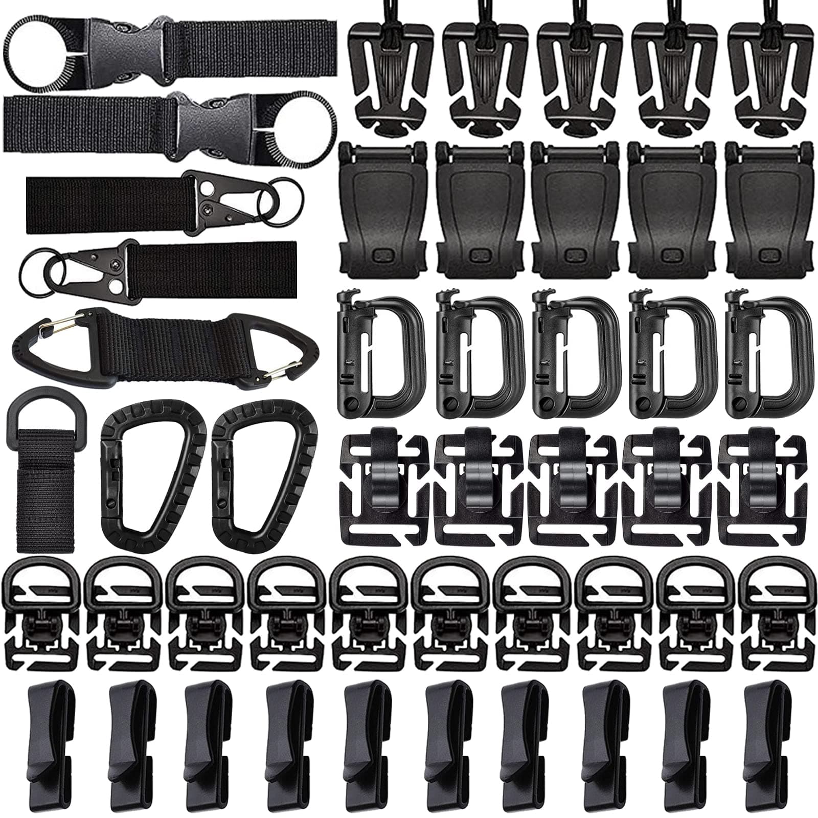 ZUSHALLMY Molle Accessory Kit of 48 Attachments, D-Ring Locking Gear Clips, Web Dominators, Molle Clips, Buckle Bottle Carriers, Key Ring Holder