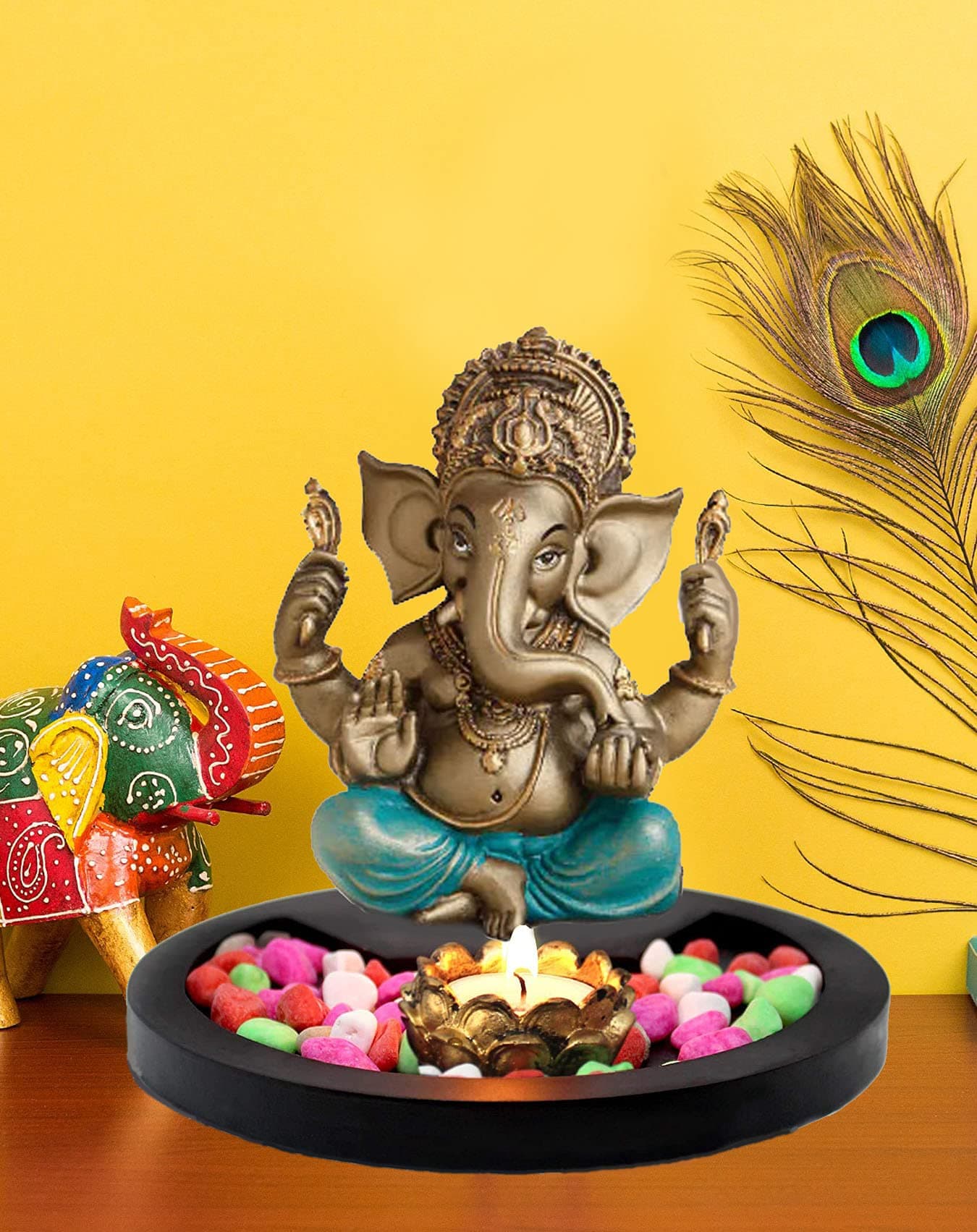 SN Handicrafts Ganesha God Ganesh Ganpati Lord Ganesha Idol with Stones Lotus Tealight Candle Holder and Wooden Tray for Living Room Home Décor and Gifts