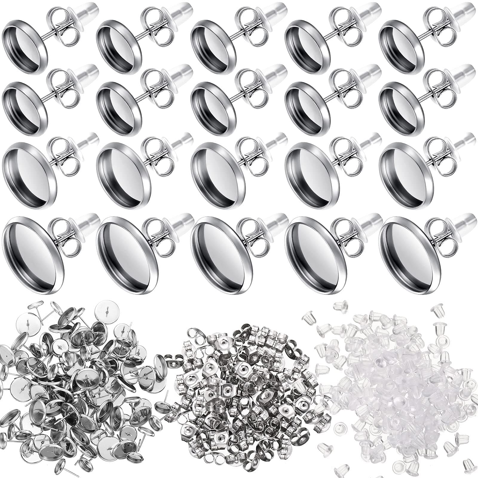 500 Pieces 12 mm 10 mm 8 mm Stud Earring with Post Kit 150 Stainless Steel Blank Stud Earring 150 Stainless Steel Earring Back 200 Silicone Earring Backs for DIY Earring Jewelry Making Findings