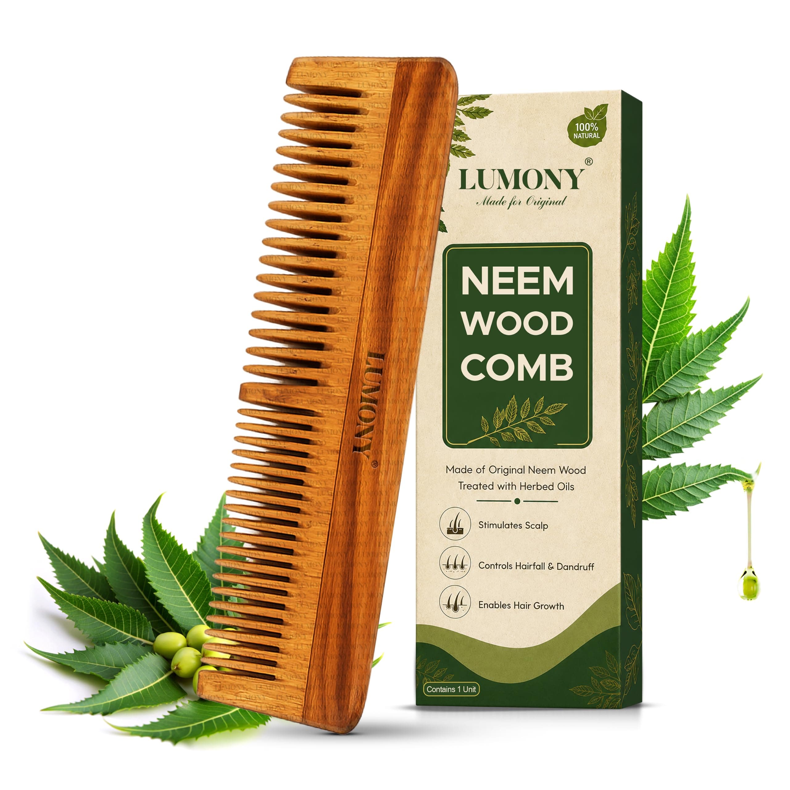 LUMONY® Neem Wooden Comb | Soaked In 17 Ayurvedic Herbs Neem & Sesame Oil For Multi-Actions - | Anti-Hair Fall, Dandruff | Frizz Control & Shine Suited For All Hair Types Men & Women (Dual Tooth)