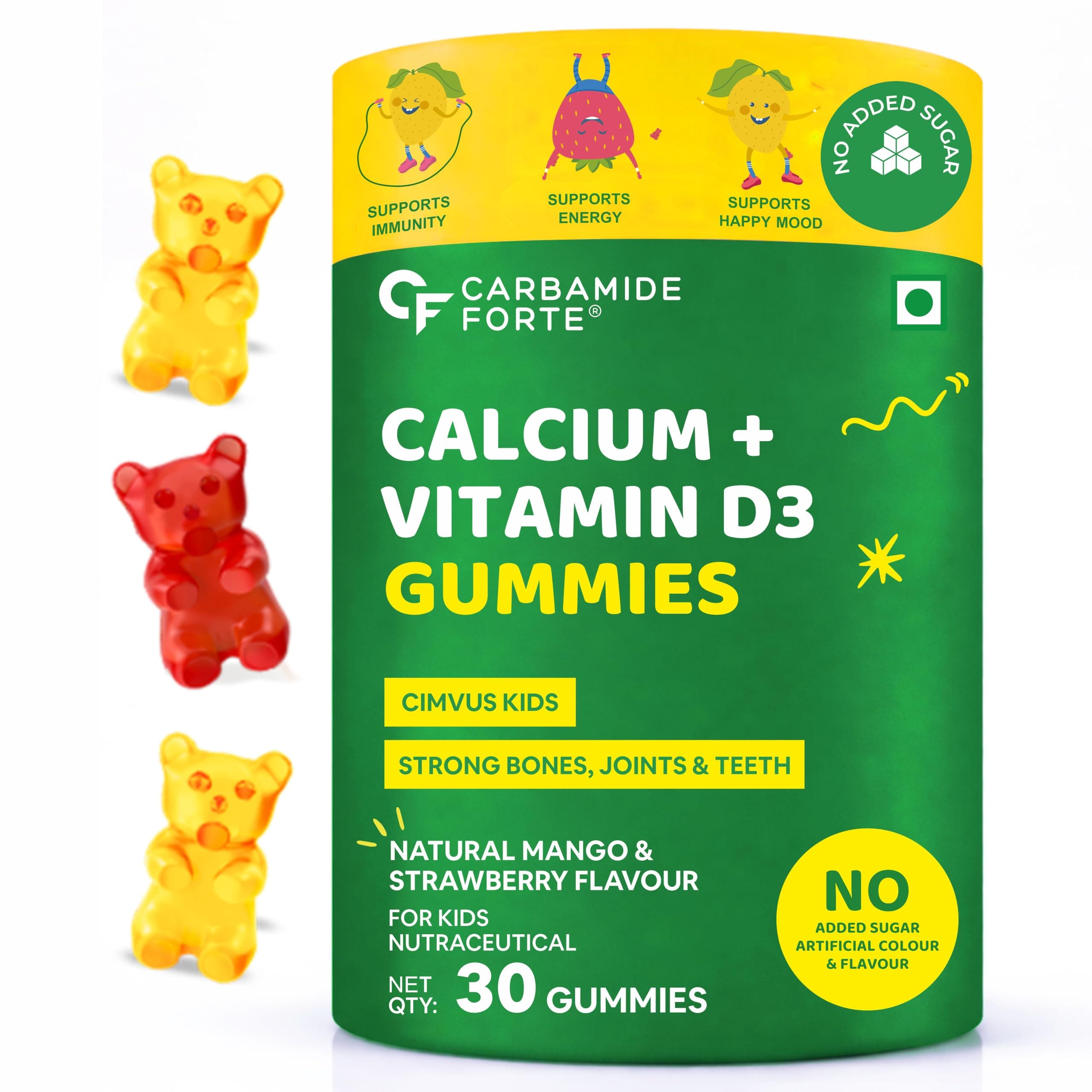 Carbamide Forte Calcium for Kids + Vitamin D3 Gummies | Calcium Gummies for Kids With Phosphorus | Mango & Strawberry Flavour | 30 Veg Gummy