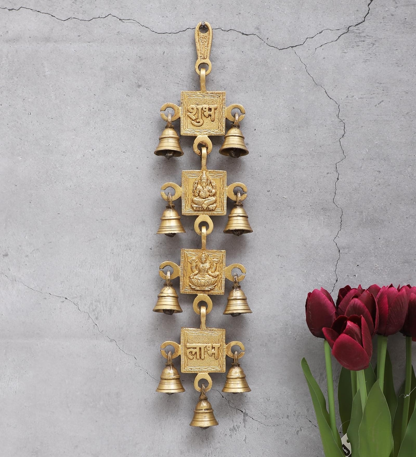 Two Moustaches Brass Shubh Labh with Laxmi Ganesha Hanging Bells, Hanging Bells for Home Decor, Wall Decor, Ghanti for Pooja, Pack of 1