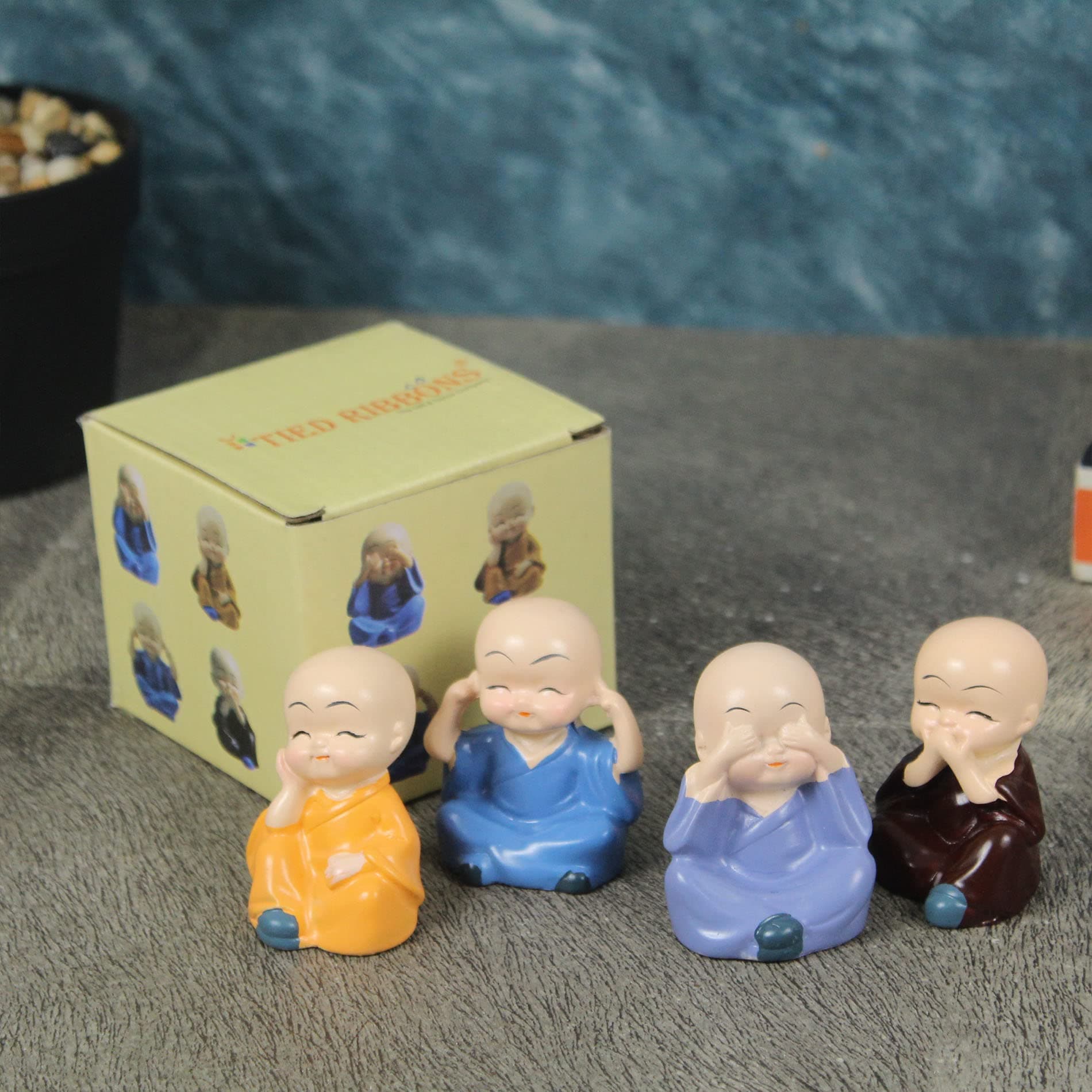 TIED RIBBONS Set of 4 Miniature Buddha Monk Statues for Home Decor and Gifts Good Luck Living Room