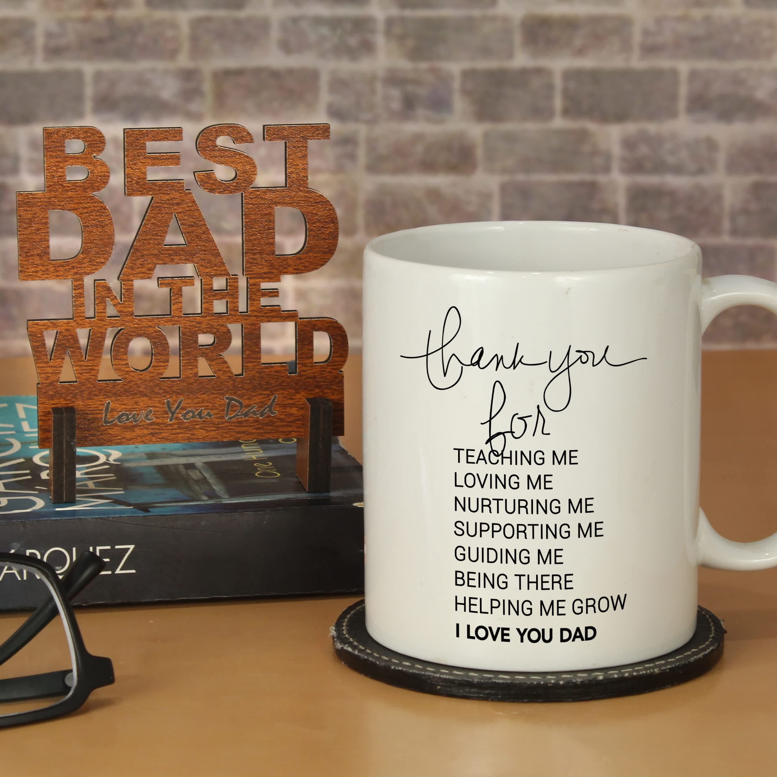 TIED RIBBONS Fathers Day Gift for Dad from Son Daughter Printed Ceramic Coffee Mug (325 ml) with Wooden Stand Showpiece
