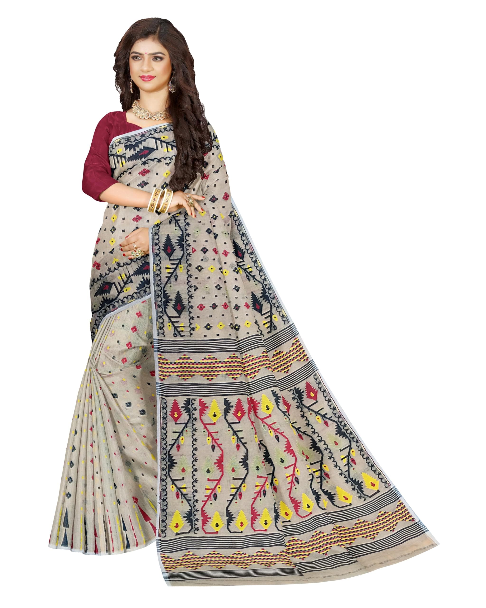 Mayabi Women's Dhakai Jamdani Cotton Silk Saree Traditional Bengali Tant Korat Work, Without Blouse Piece