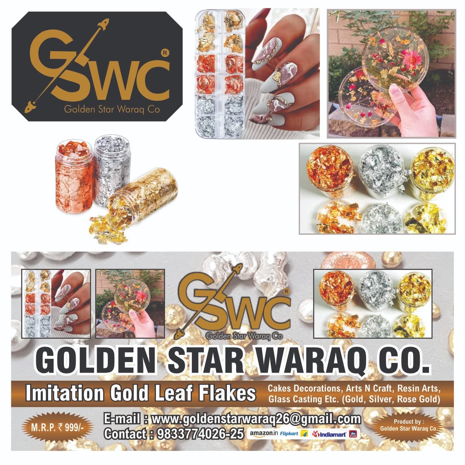 GSWC Gold, Silver, Copper Metallic Flakes - 3 Bottles, 0.54 oz, 2.3 oz Total, Glitter Flakes for Resin, Nail Arts, Painting, Crafts