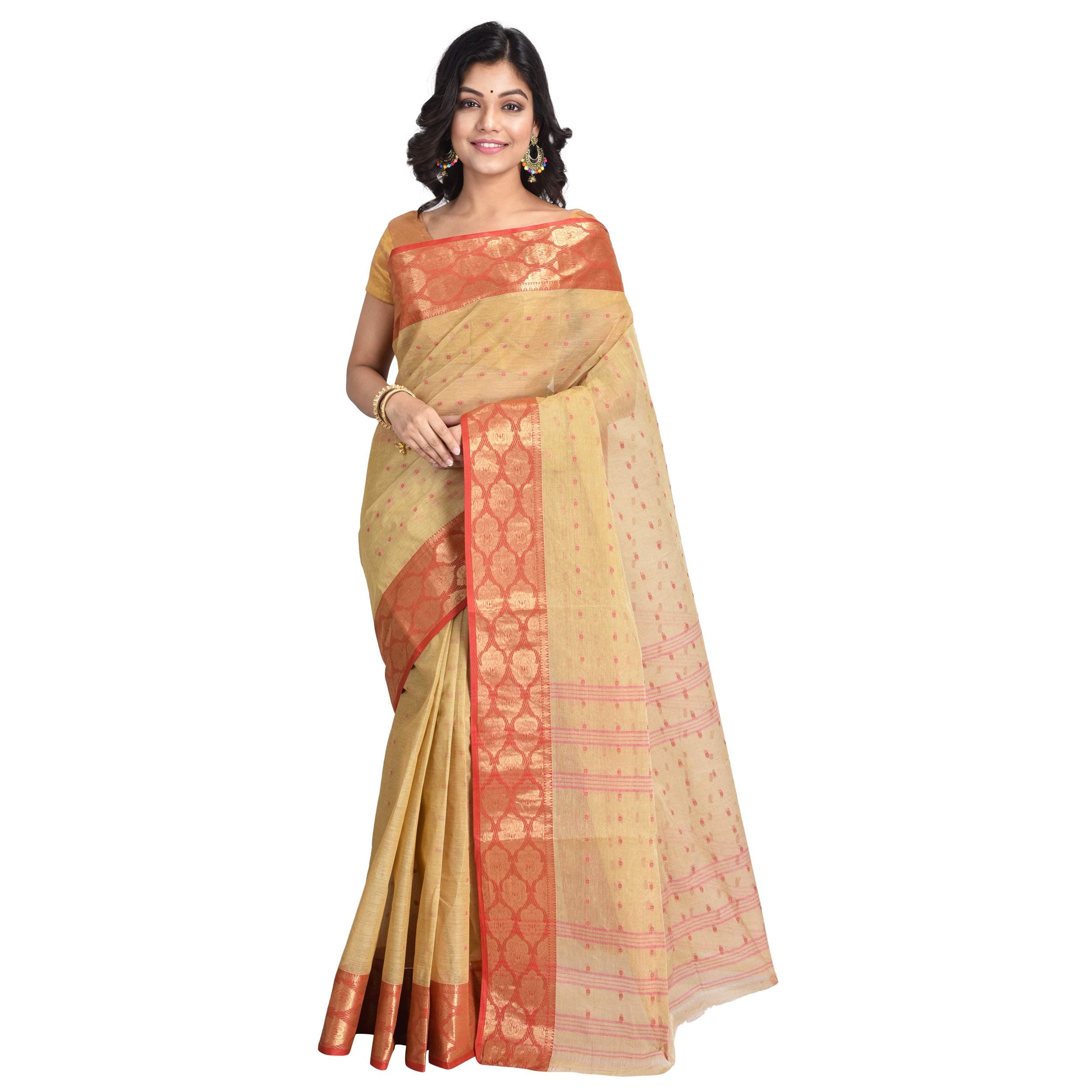 RAJ SAREE HOUSE Women's Pure Cotton Bengali Tant Handloom Saree Without Blouse