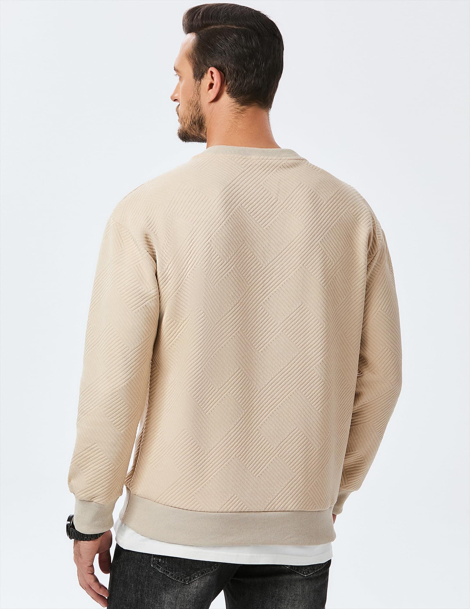 Dokotoo Men Men's Crewneck Sweatshirts Soild Color Geometric Texture Long Sleeve Casual Pullover Shirt