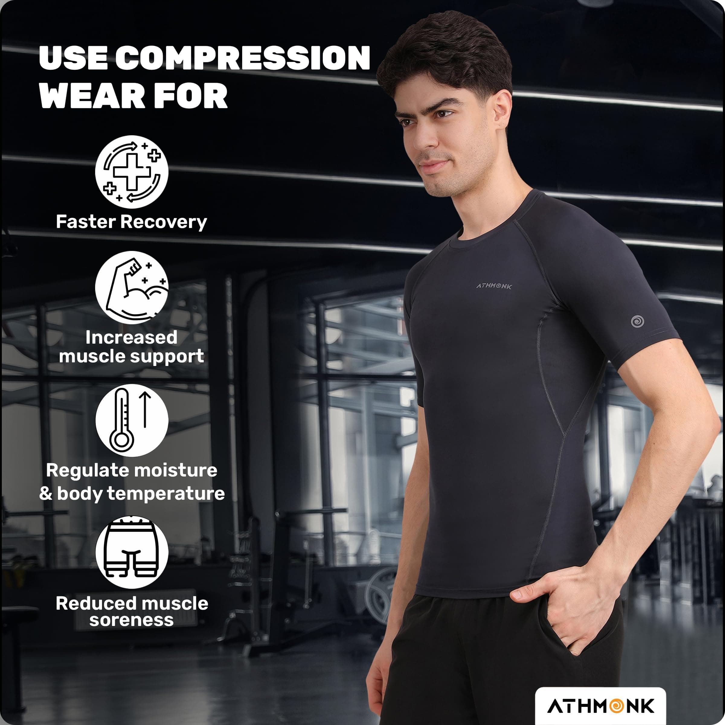 Athmonk Compression T-Shirt Vest Body Shaper Half Sleeve for Men Boys Branded - Nylon Lycra Fabric - Workout Gym Cricket Football Sports Training - Keep Dry Tight Skin Fit - Round Neck