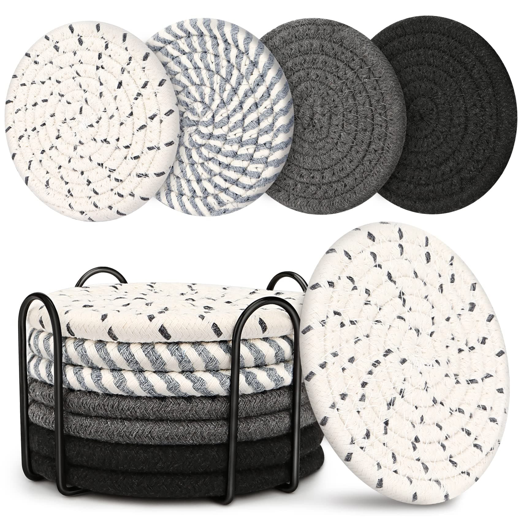 Smgmg Coasters for Drinks, 8 Pack Coaster, Boho Coasters, Absorbent, Cotton, Round, Beige