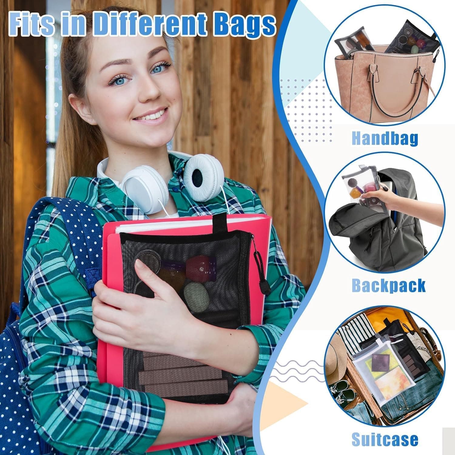 TOPPROSPER Package Nylon Mesh Cosmetic Zipper Bags, 6PCS Black Makeup Pouches Travel Organizer Case for Purse Diaper Bag (A5 x 3pcs, A6 x 3pcs)