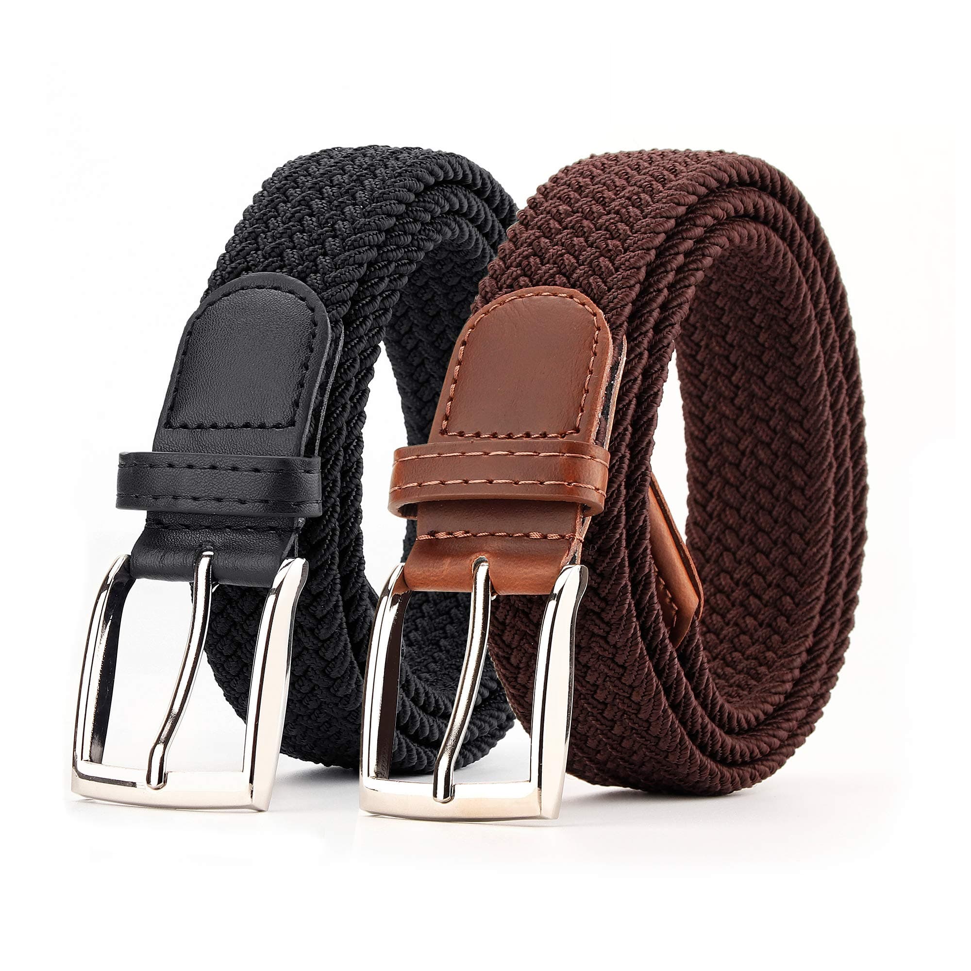 Radmire 2 Pack Elastic Braided Woven Canvas Belts for Men and Women, Black+brown, Large/36"-38" Waist