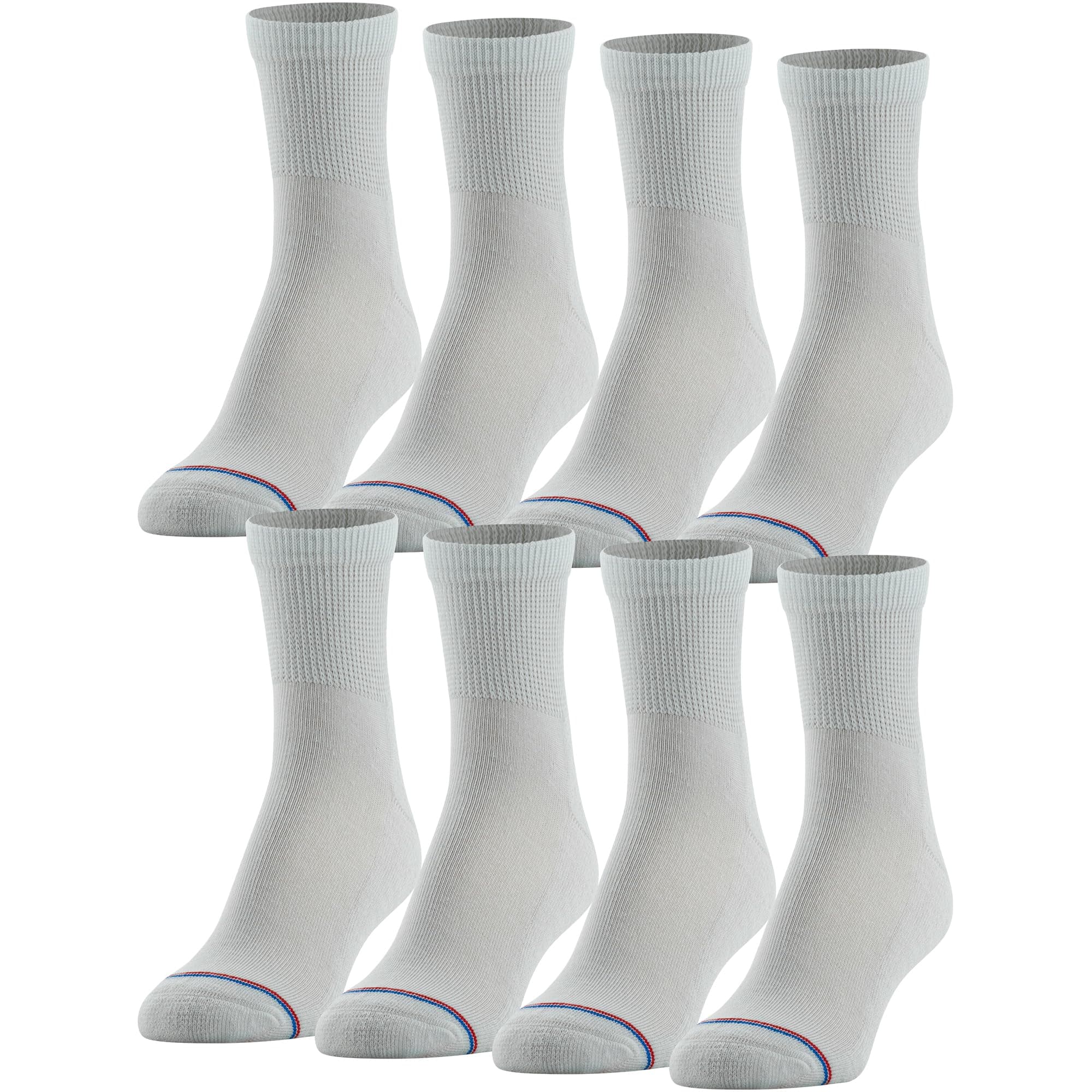 MediPEDS Men's Big and Tall 8 Pack Diabetic Quarter Socks with Non-Binding Top, White,Shoe Size: 12-14