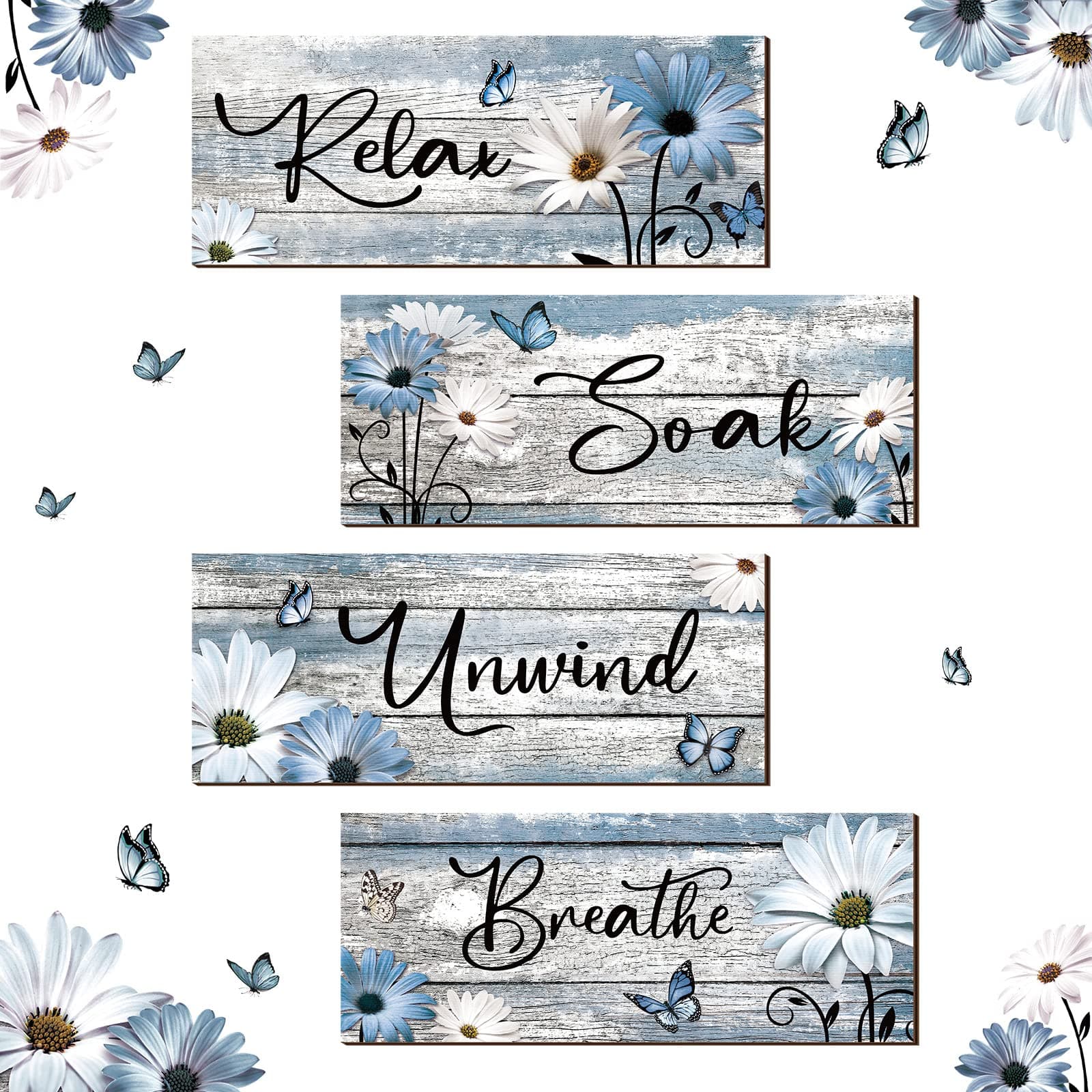 Sunnyray 4 Pieces Farmhouse Bathroom Wall Decor Sign Daisy Floral Flowers and Butterfly Bathroom Wall Art Relax Soak Unwind Breathe Rustic Wood Plaque for Home Spa Laundry, 10 x 4 Inch (Blue)