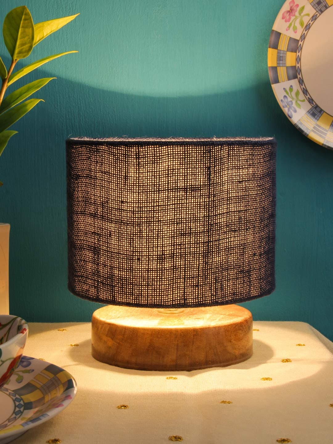 AMDHOME Jute Shade Table Lamp, Night Lamp with Wood Base (7 Inches, Color-Blue) for Living Room, Bedroom, Home Decor Items, Bedside & Desk Side Light Lamp, Dovel Pot | Perfect for Decoration & Gifting