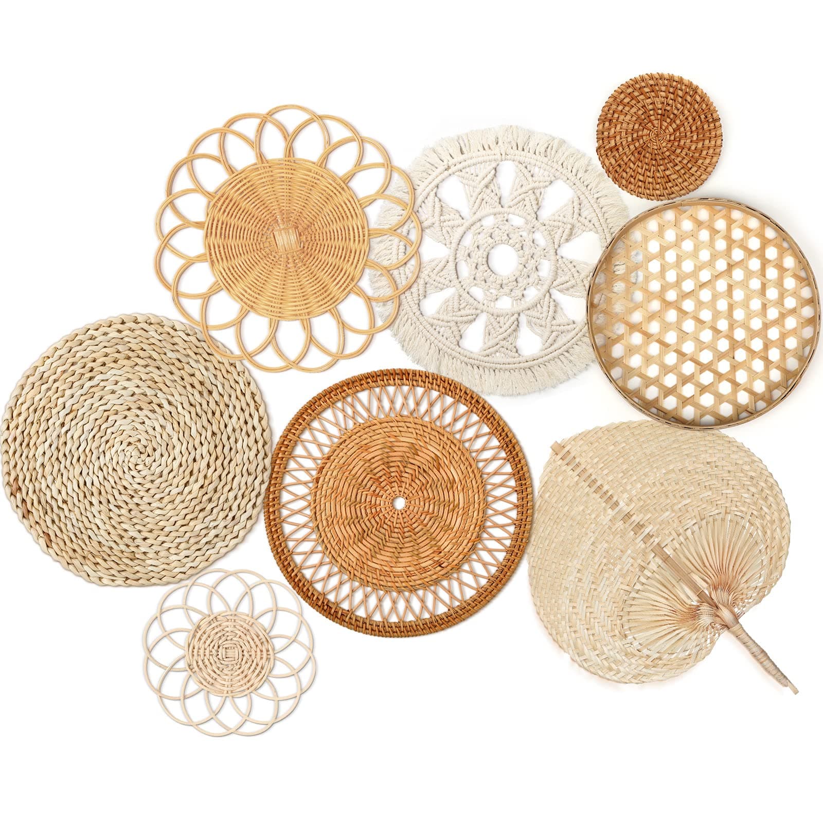 Set of 8 Boho Wall Basket Decor Flower Shape Rattan Wall Decor Round Flat Woven Wall Decor Hollow Bamboo Hanging Basket Wall Decor Set Macrame Tassels Wall Tapestry for Bedroom Living Room Nursery