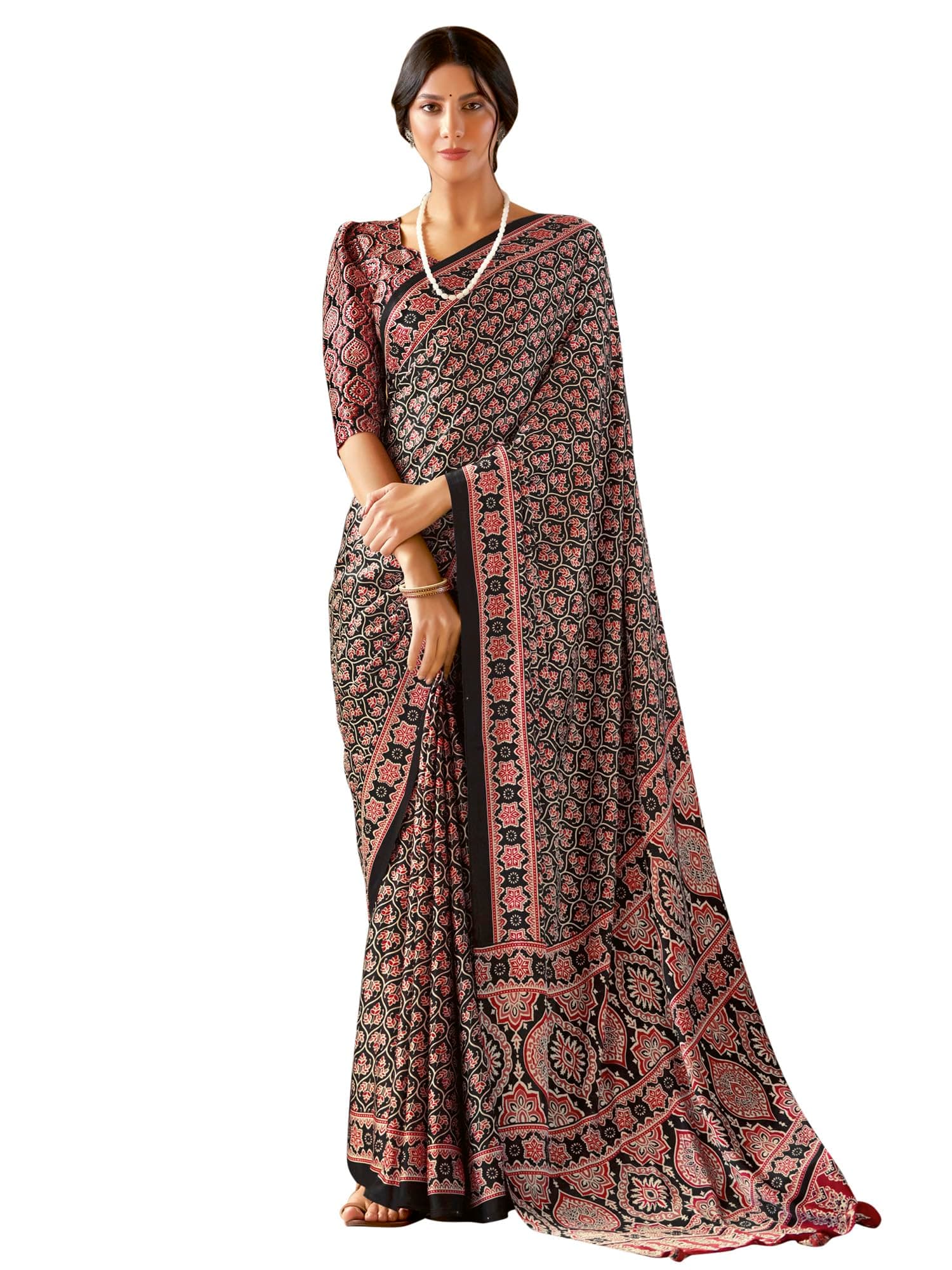 SAREE MALL Women's Ajrak Crepe Satin Printed Saree With Unstitched Blouse Piece(Black_MOHAR204B_HS)