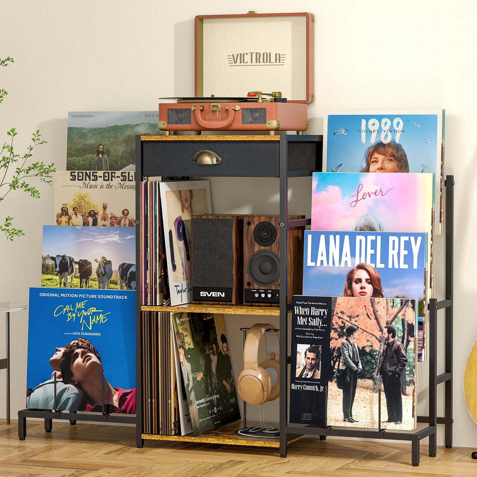 Record Player Stand with Vinyl Storage, Record Player Table with 8-Tier Display Shelf Up to 200 Albums, Vinyl Record Stand with Record Player Cabinet,Turntable Stand with Record Holder for Living Room