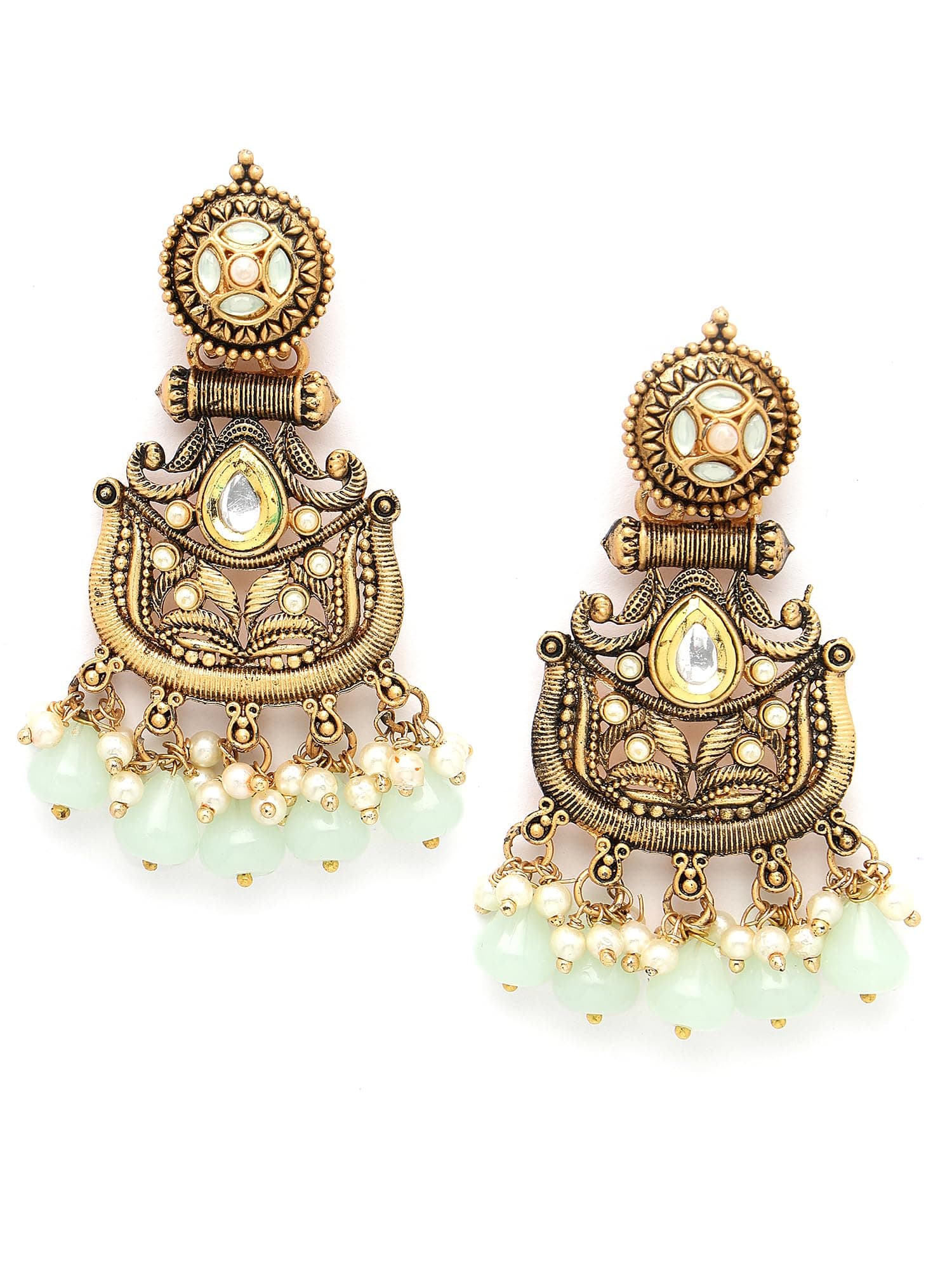 Karatcart Antique Gold Plated Light Green Drops Studded Dangler Earrings for Women