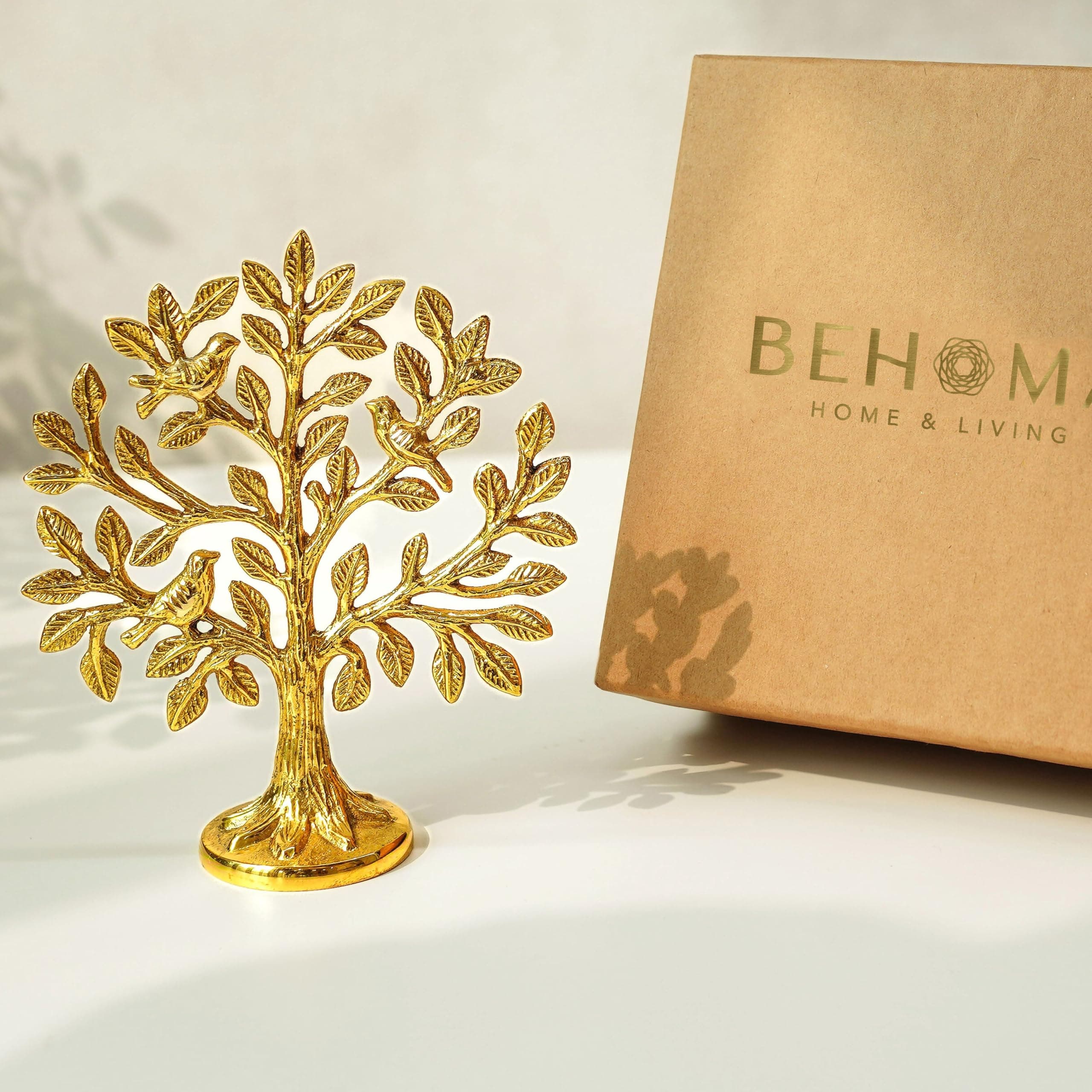 BEHOMA Brass Kalpvriksh Tree with Birds | Kalpavriksha Tree of Life Showpiece for Table Decor (5.9 inch) | kalpvriksha Vastu & Fengshui Decor, Home & Puja Temple Ornament, Good Luck Gift
