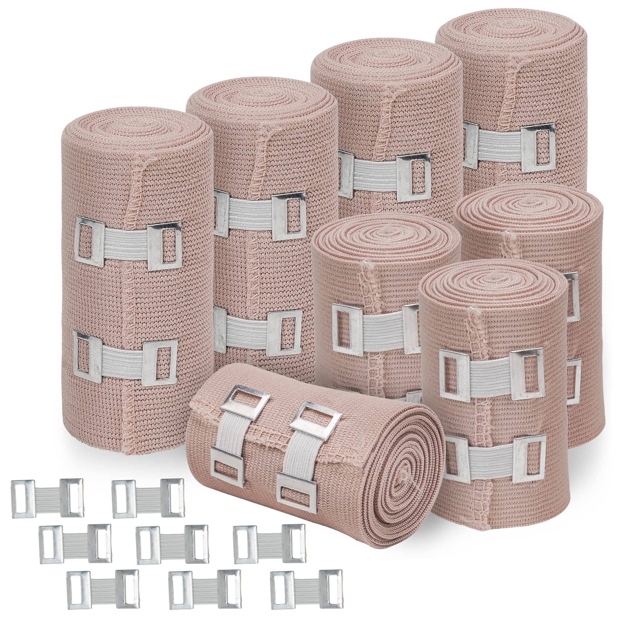Premium Elastic Bandage Wrap Compression Roll, Set of 8 Pack FDA Approved Polyester Cotton. Four Rolls of Each Size, 4 Inch x 5 Feet & 3 Inch x 5 Feet, Includes 8 Extra Clips & Hook and Loop Closure