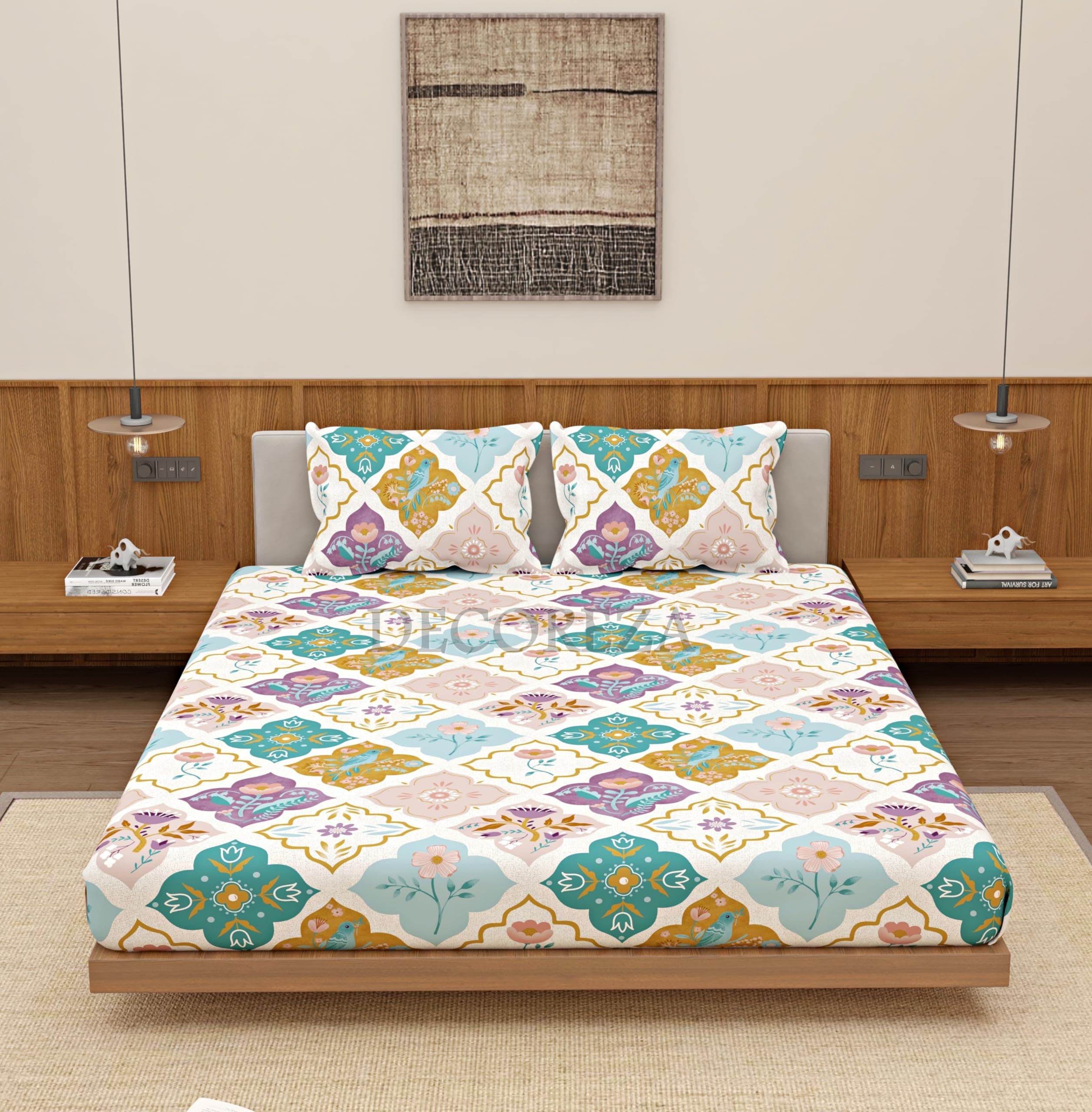 DECOREZA 350 TC Queen Size Elastic Fitted Bedsheet with Deep Pocket Cotton Feel Bed Sheet for Double Bed, Soft, Breathable & Wrinkle-Resistant, Includes 2 Pillow Covers, Size - 60"x78" Mandala Beige