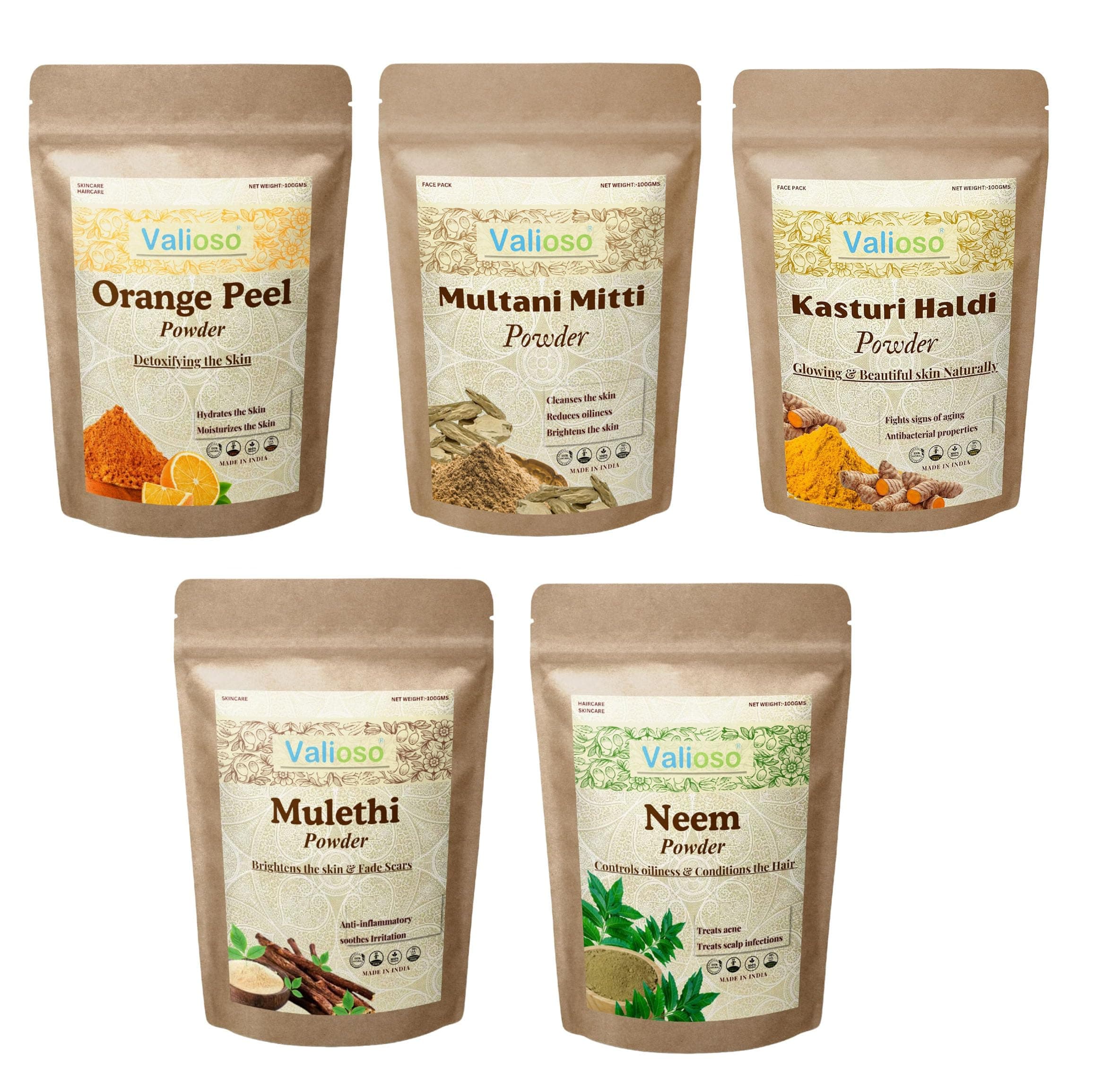 Valioso Orange Peel Powder, Multani Mitti Powder, Kasturi Haldi Powder, Mulethi Powder And Neem Powder For Face Pack Combo Pack Of 5 (500 Gms)