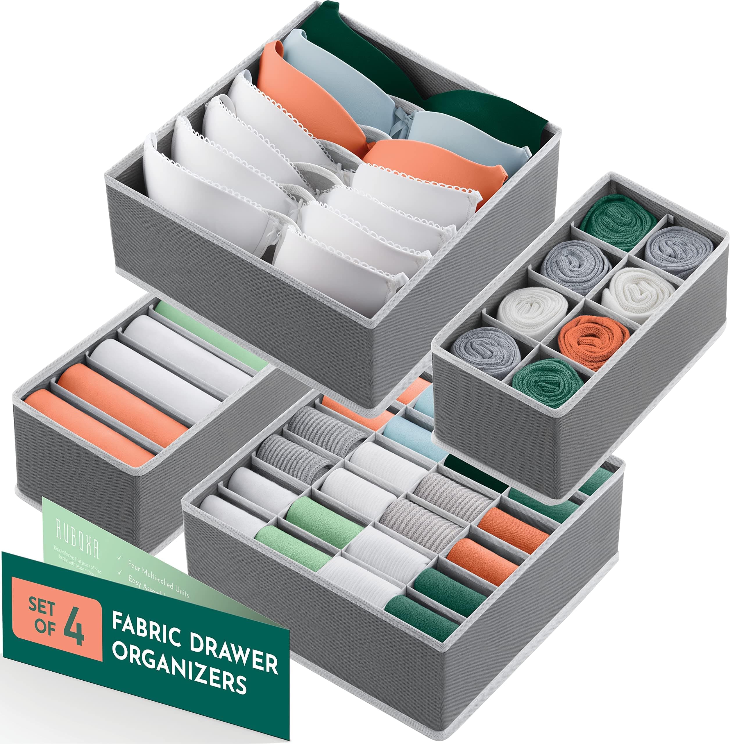 Dresser Organizer, [4 Pk] Grey Fabric Dresser Drawer Organizers (4 Sizes With 45 Slots) Foldable Underwear Drawer Organizer Breathable Bins for Bra, Lingerie, Socks, Scarves, Belt, Tie, Baby Clothes.