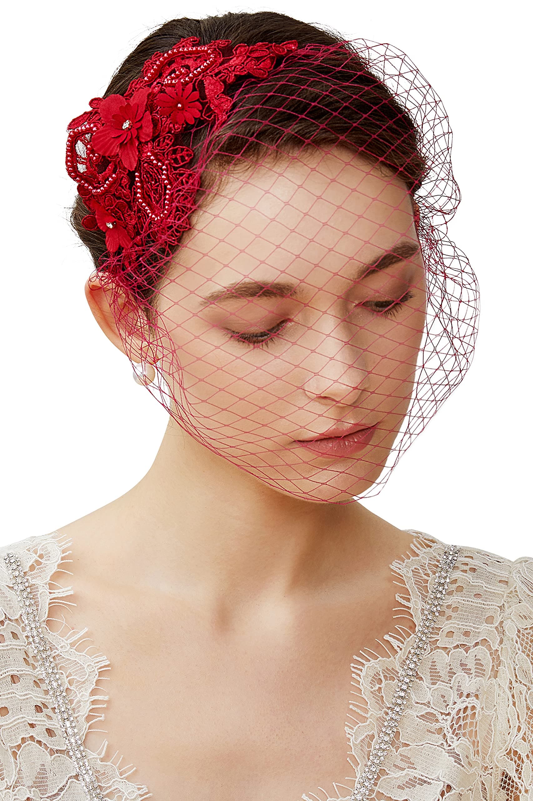 BABEYOND Bridal Wedding Veil Fascinator Mesh Lace Headband Tea Party Fascinator (WineRed)