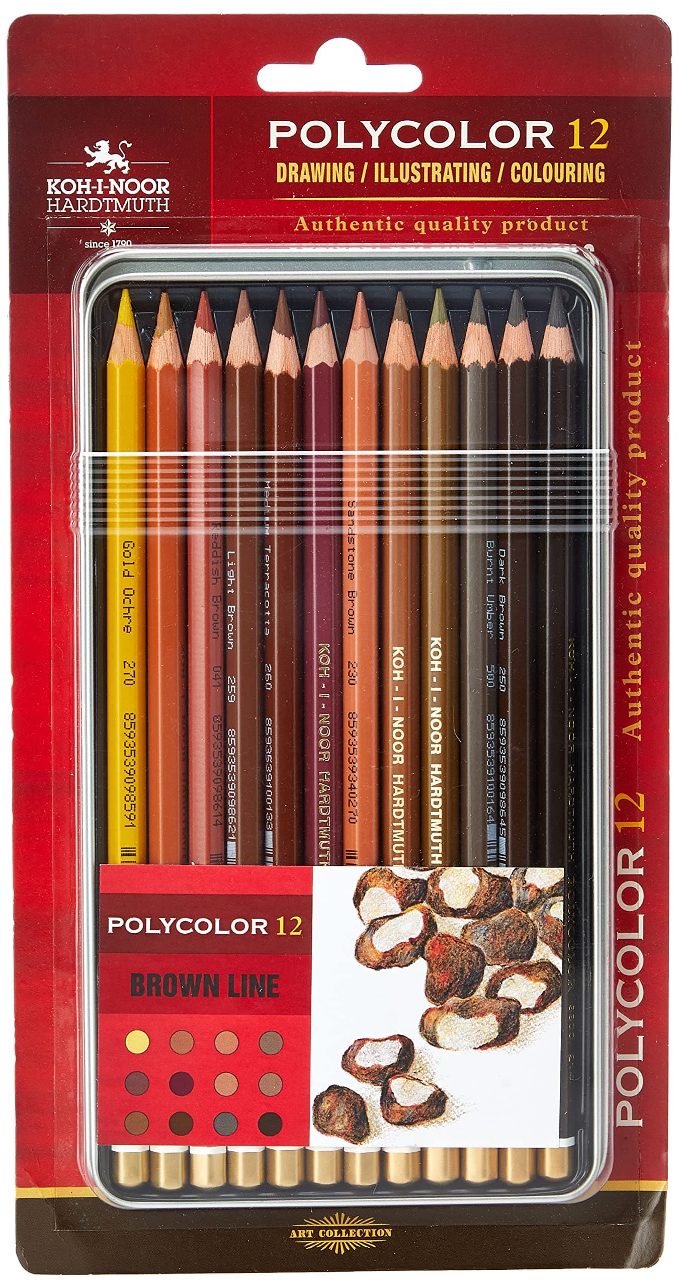 Koh-I-Noor Polycolor Artist's Coloured Pencils - Brown Line - Set Of 12 In Tin Box