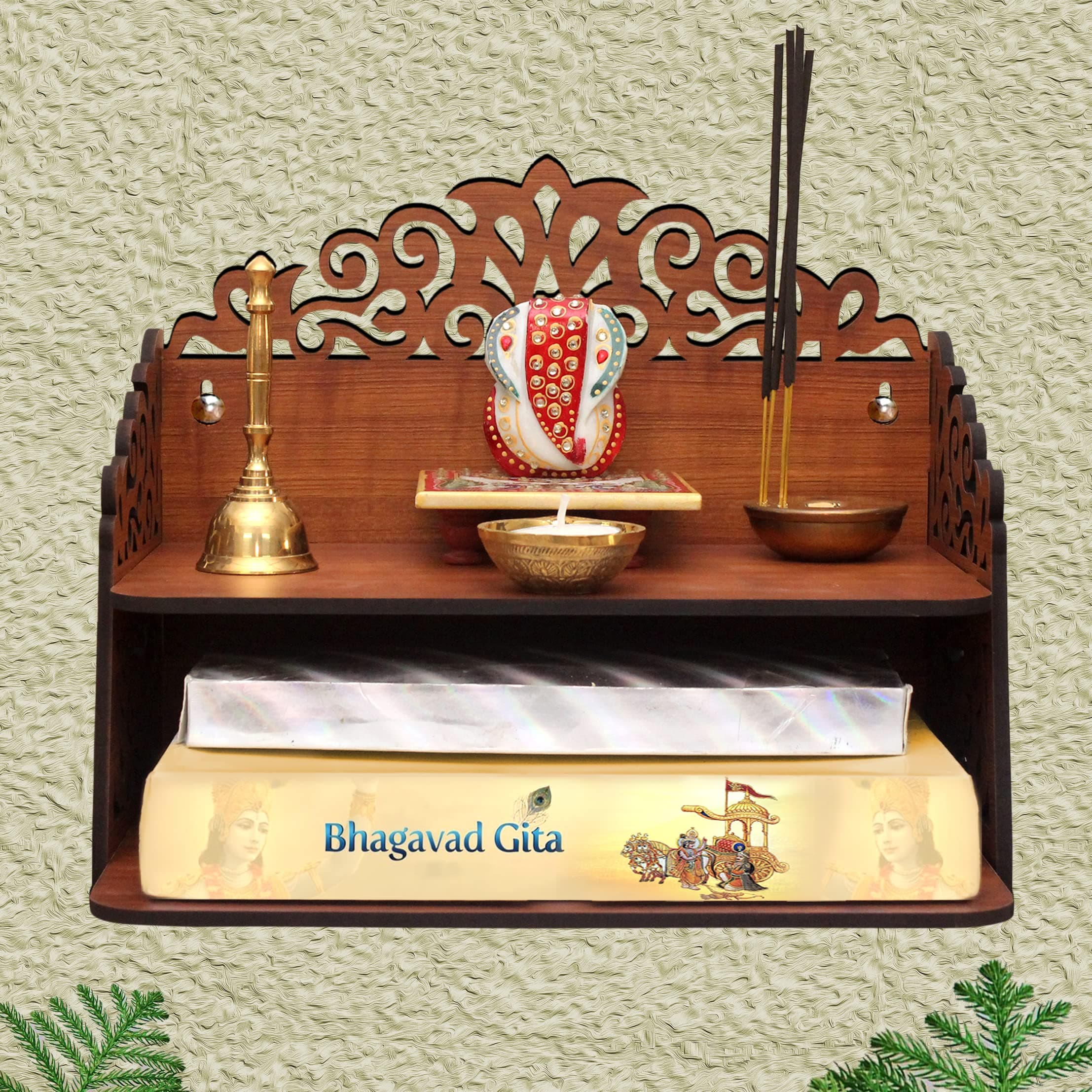 Heartily® Navrang Beautiful Wooden Pooja Stand for Home Mandir and Office Puja - Wall Product (H-9.5, L-12, W-8.5 Inch)