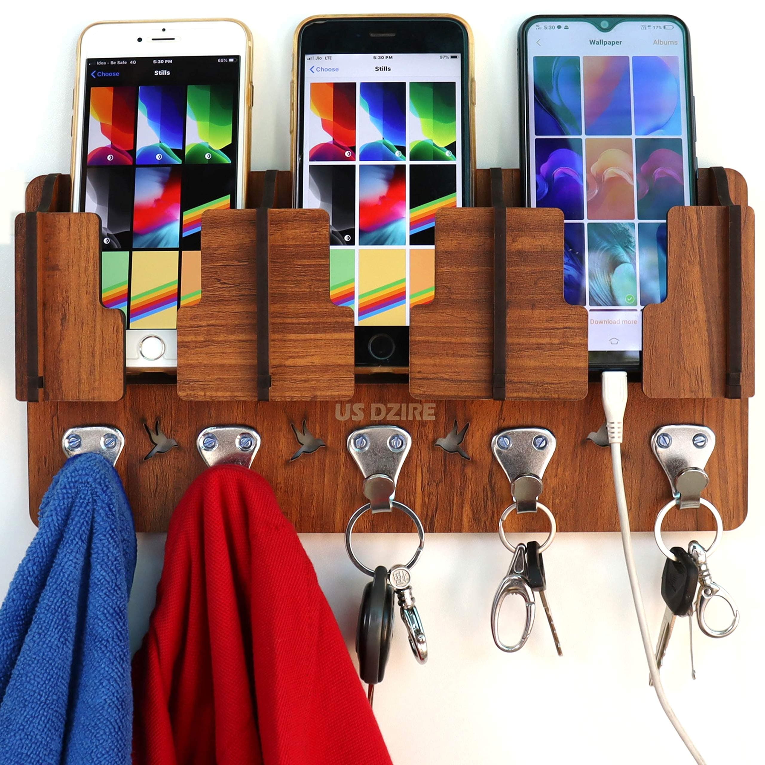 US DZIRE - THE BRAND OF LIFESTYLE Wall Mount Home Side Stylish Wooden Key Holder | with 3 Mobile Charging Stand | Key Hanger for Living Room,