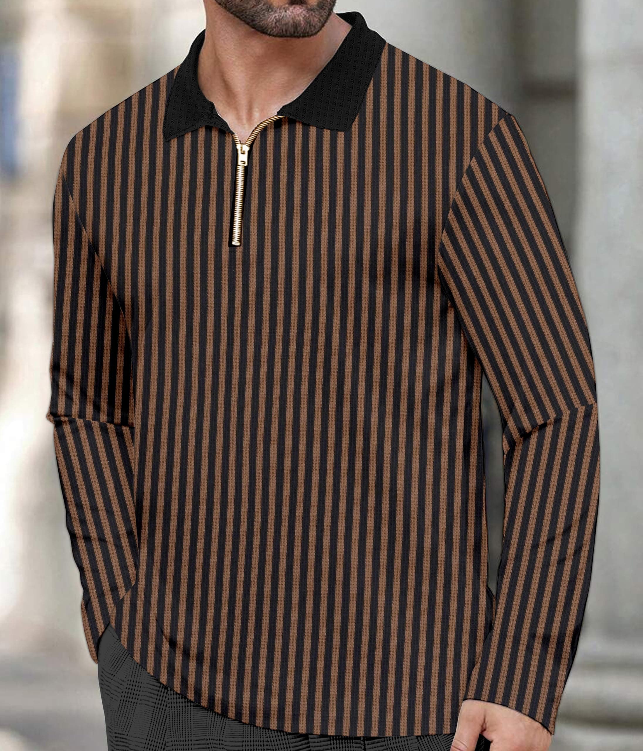 KAJARU Men's Striped Long Sleeve Polo Shirt, Black Collar, Front Zipper, Black Vertical Stripes