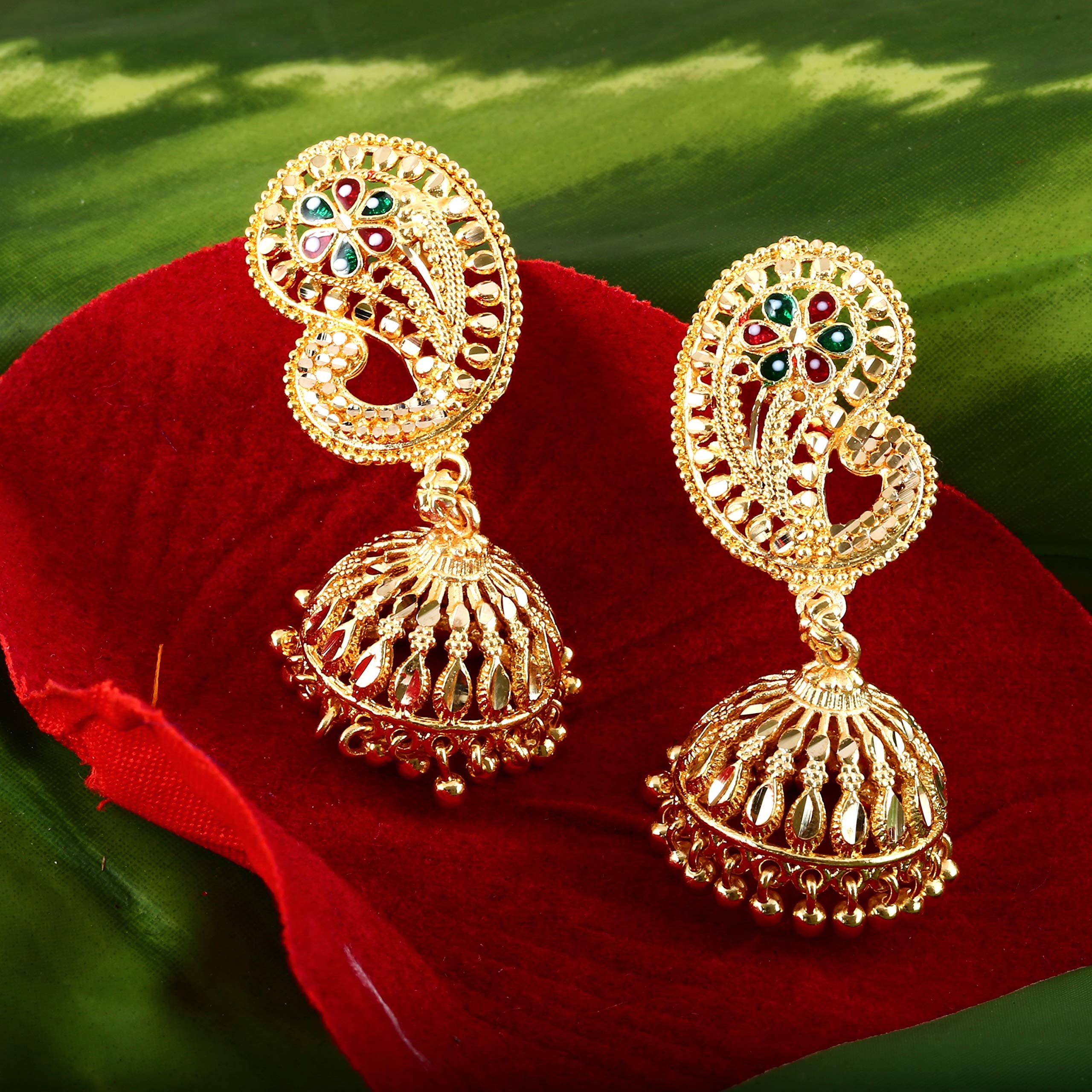 MEENAZ Traditional Temple Jewellery 18k One Gram Gold Ethnic Copper Brass Stylish South Indian Screw Back Studs Meenakari Peacock Jhumkas Jhumka Earrings Set For Women girls Latest -GOLD JHUMKI-M141