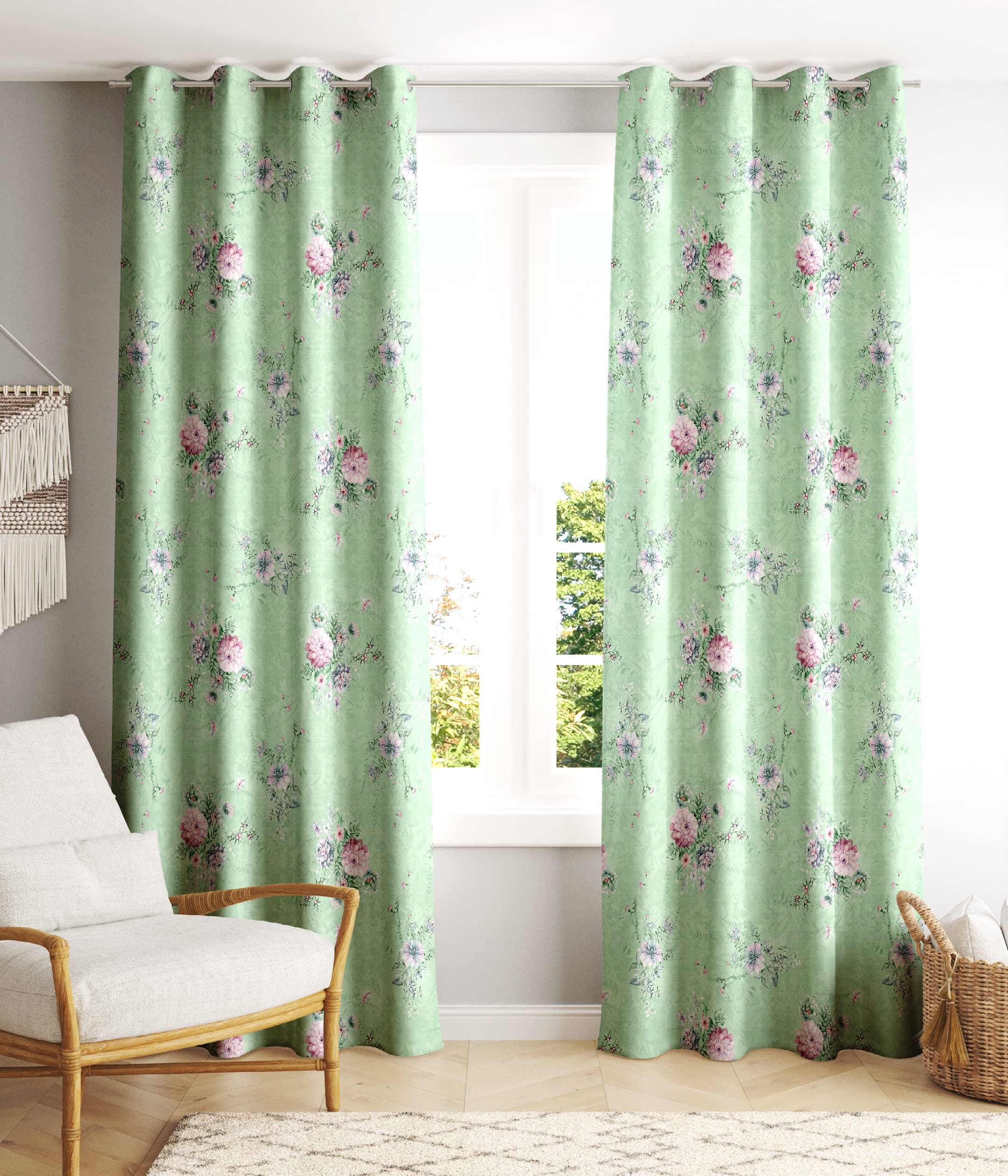 Ultimate Trends Polyester Digital Printed Floral Curtains for Window - 5 feet Set of 2, Pista Green Color