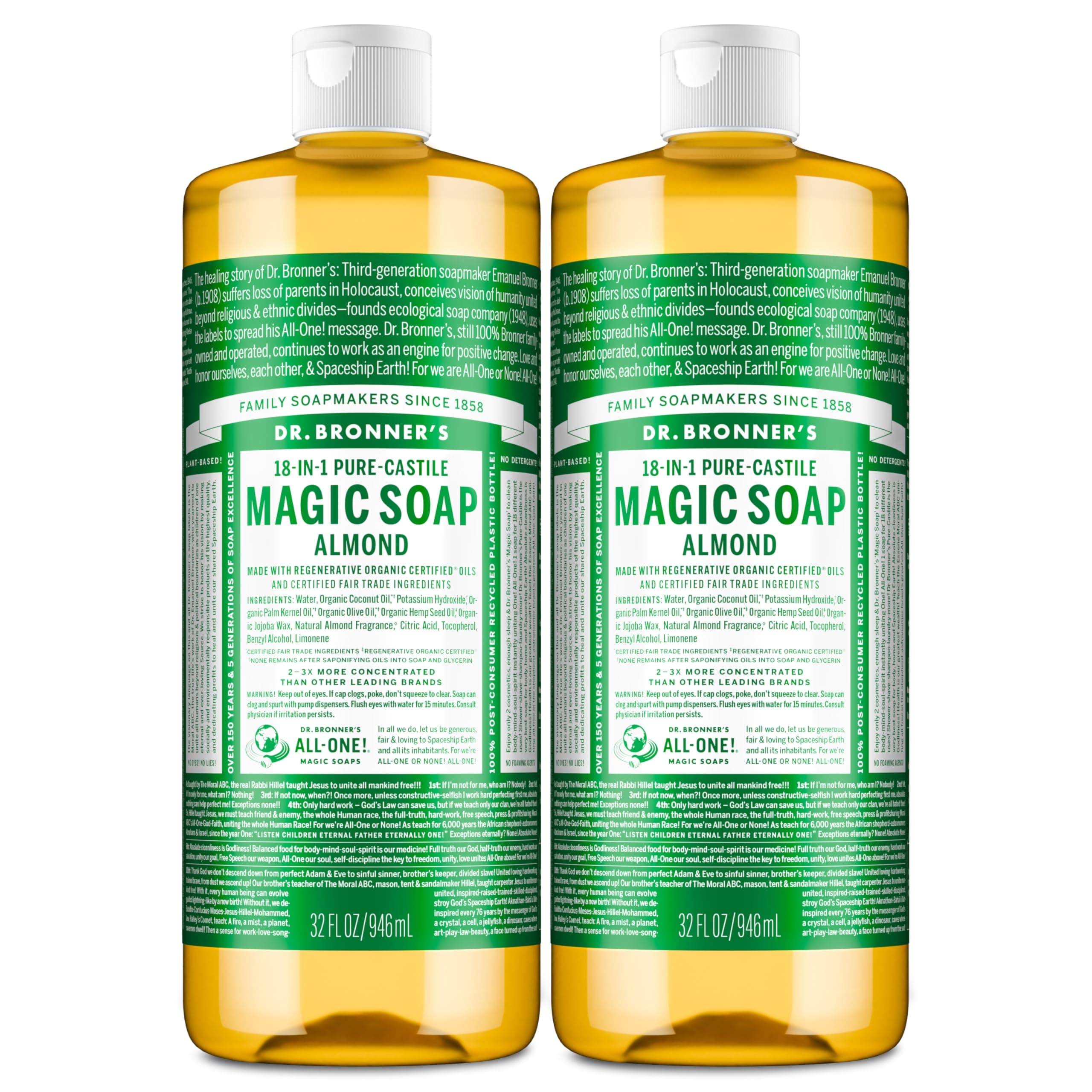 Dr. Bronner's Magic Soaps Pure-Castile Soap, 18-in-1 Hemp Almond, 32-Ounce Bottles (Pack of 2)