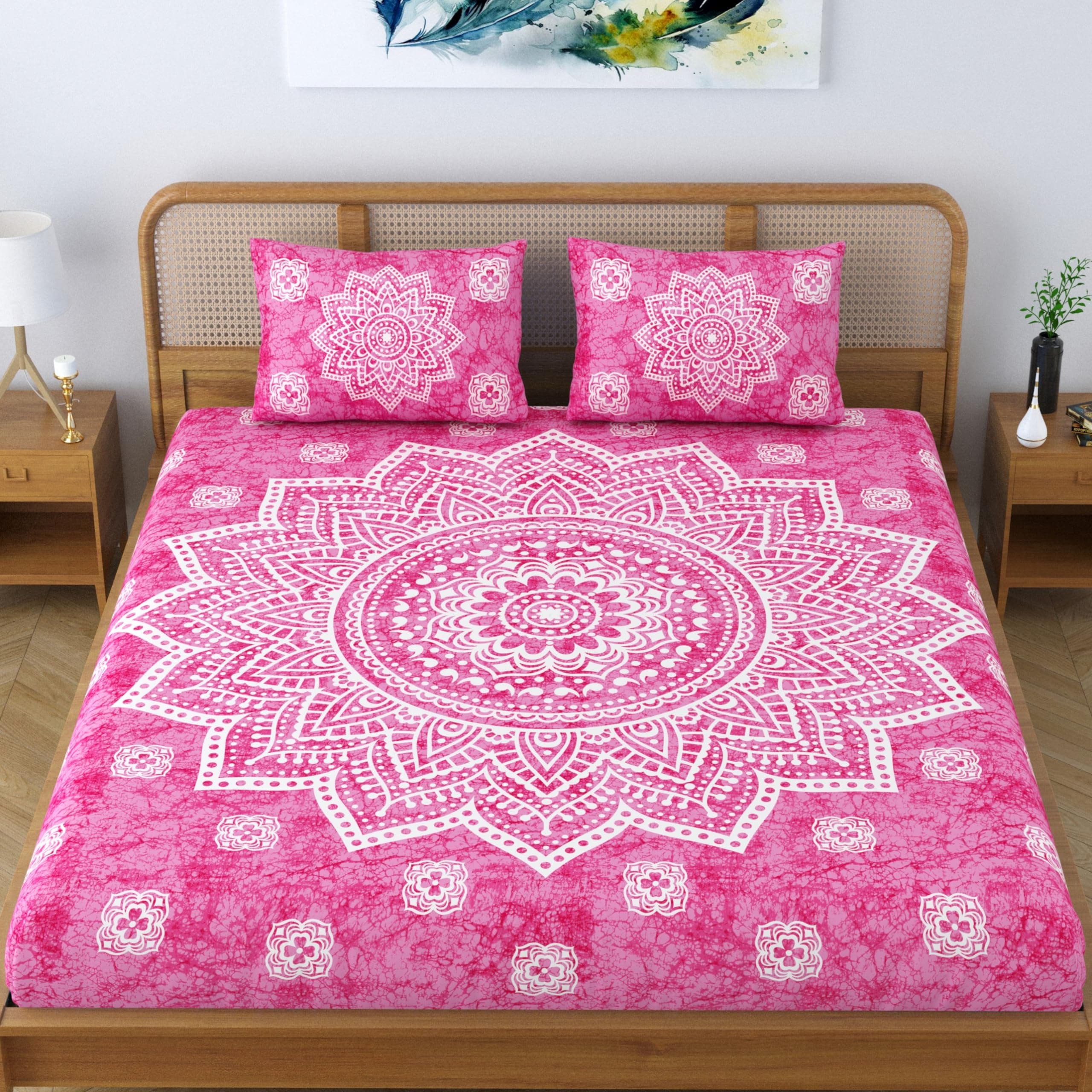 SheetKart Cotton Blend Traditional Mandala Jaipuri Printed Bedsheet for Double Bed King Size with 2 Pillow Covers