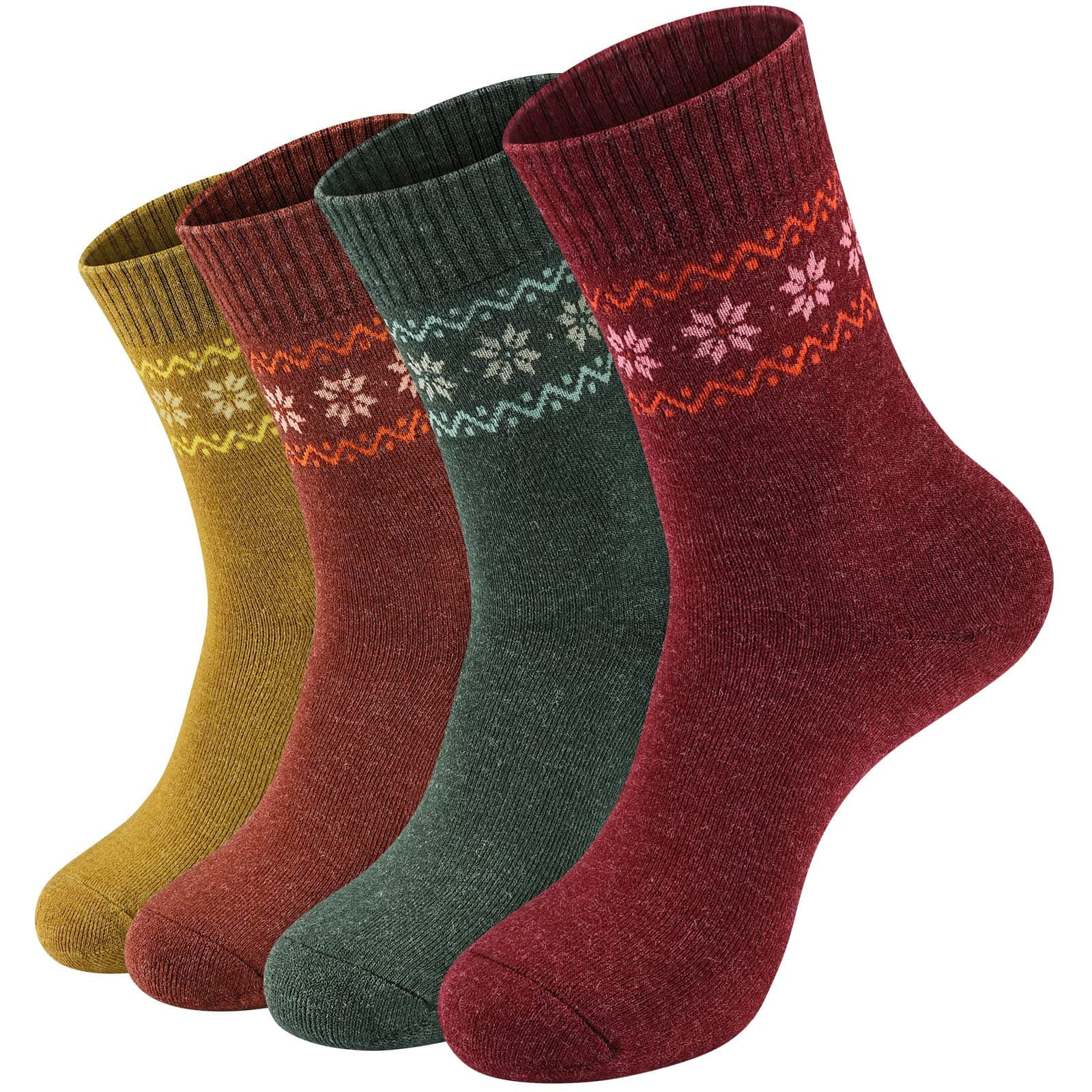 Pack of 4 Winter Warm Thick Wool Socks Women socks Hiking Socks Knit Outdoor Recreation Socks for Women Soft and Comfortable Terry Socks New 2022, Red, Yellow, Green, Orange, 6 Plus