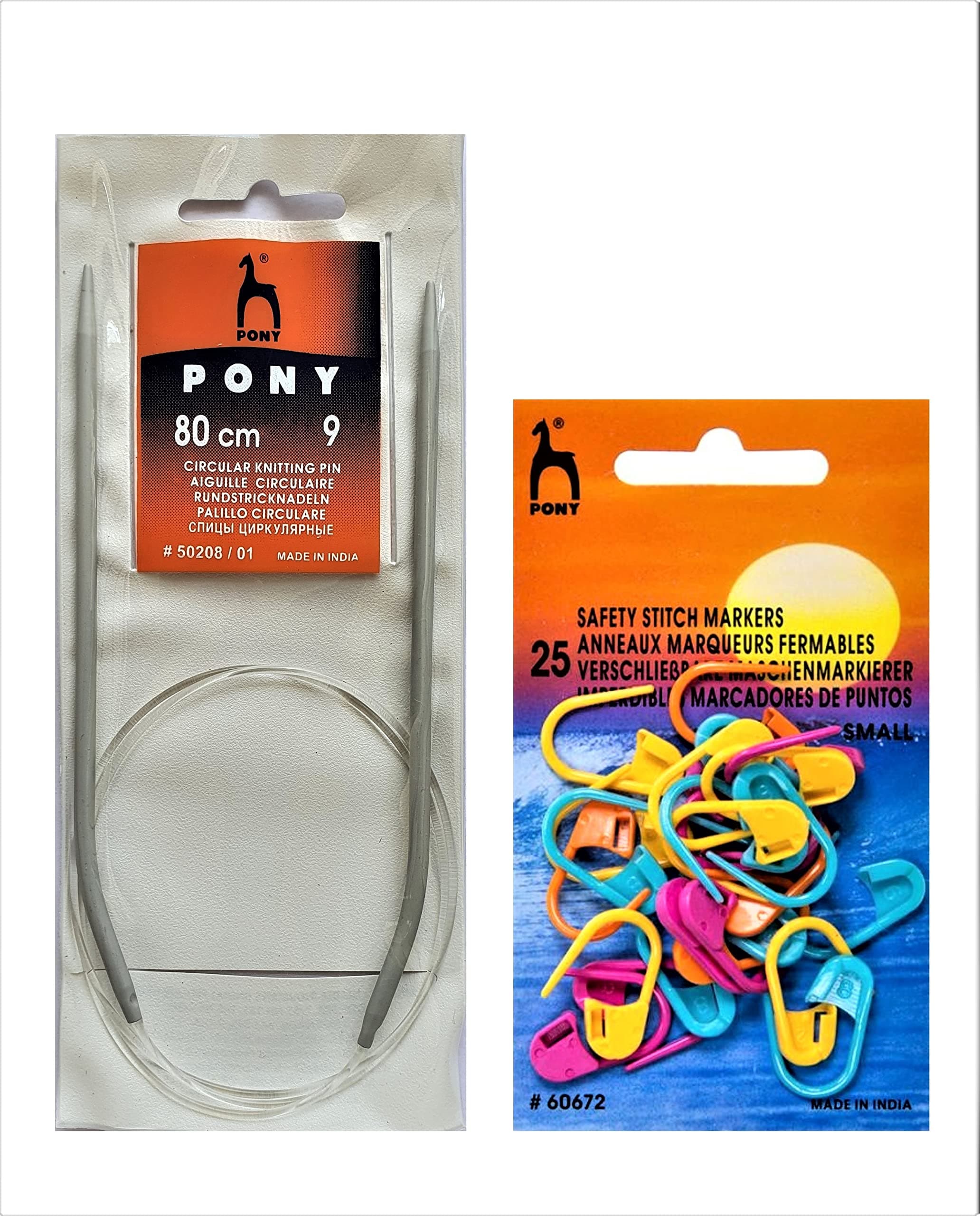 Artonezt Pony 80 cm Aluminium Fixed Circular Knitting Needles Size No. 9 (3.75mm) + Knitting Crochet Locking Stitch Markers (Multi, 25Pcs) DIY Weaving Crafts Knitting Needlework