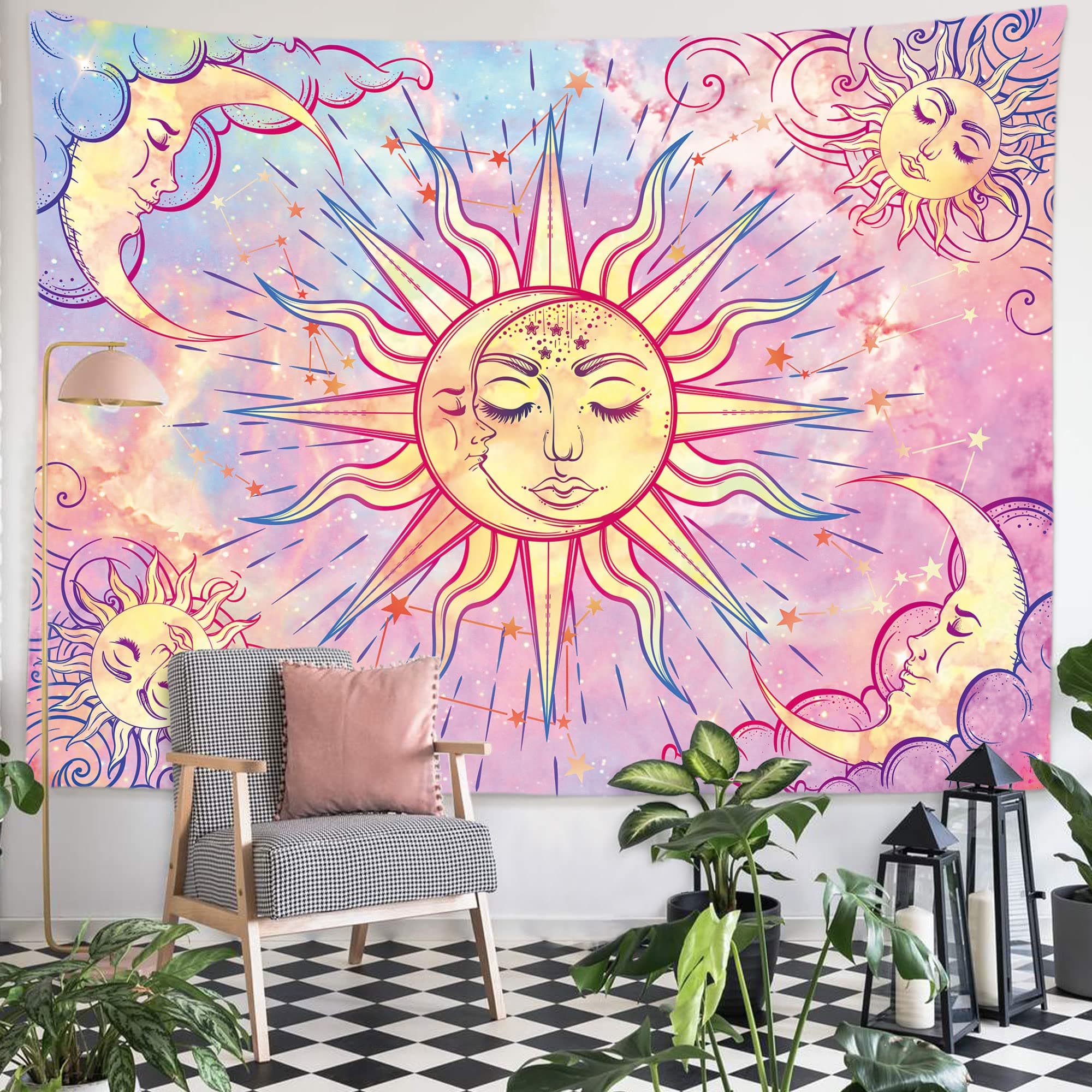 Ohjijinn Pastel Pink Celestial Tapestry Psychedelic Hippy Burning Sun and Moon with Stars Wall Hanging for Living Room Decor (51.2" x 59.1")