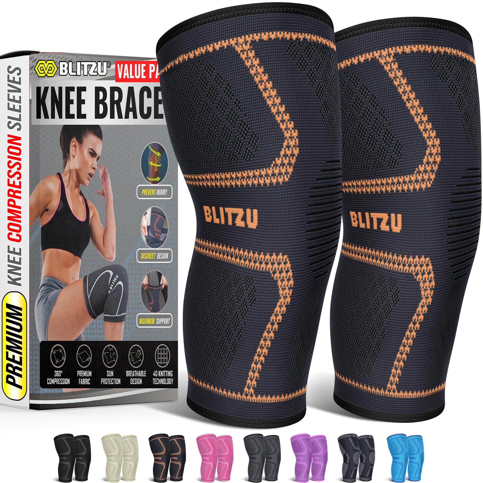 Blitzu Flex Plus Knee Compression Sleeves Brace Support Pair for Joint Pain Arthritis Relief Injury Recovery Improve Circulation Protect Patella Best Sleeve for Men Women Elder Running Walking Orange Medium