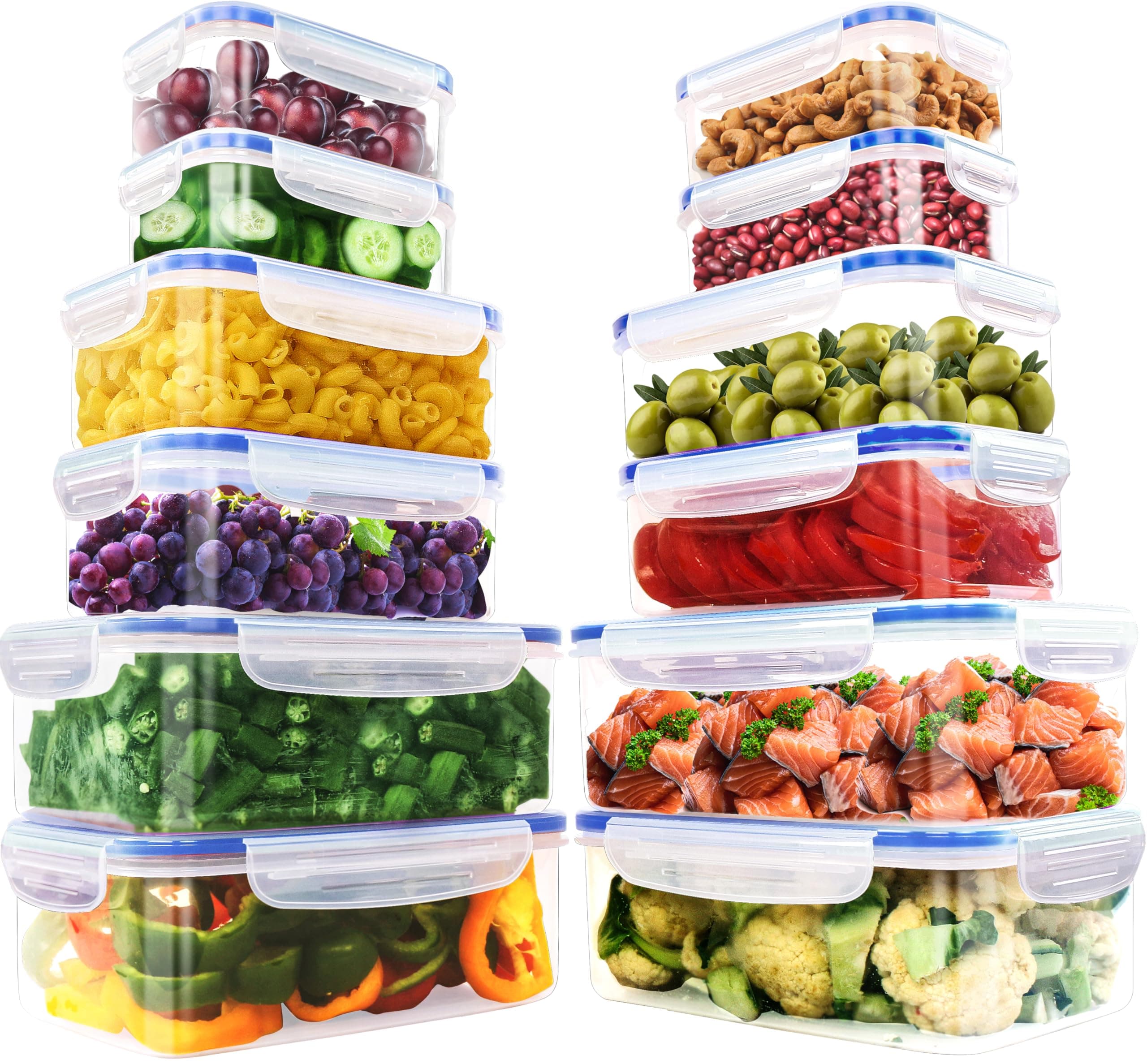 KICHLY Plastic Airtight Food Storage Containers - 24 Pieces (12 Containers & 12 Lids) Plastic Food Containers with Lids for Kitchen, Pantry, Fridge - Leakproof (Blue)
