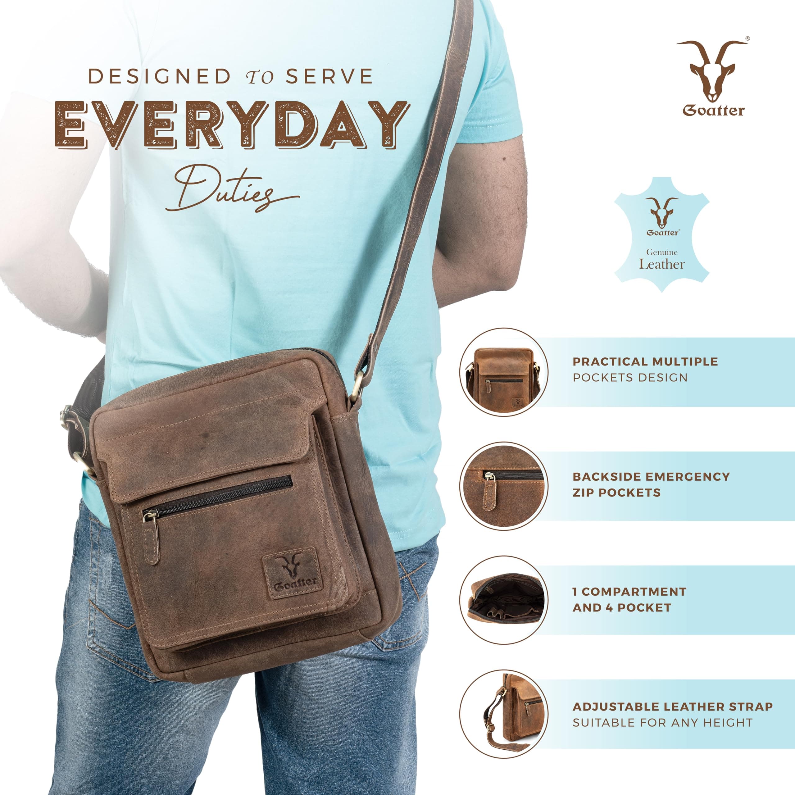 Goatter Hunter Leather Multi Pocket 10" Inch Messenger Sling Bag For Men