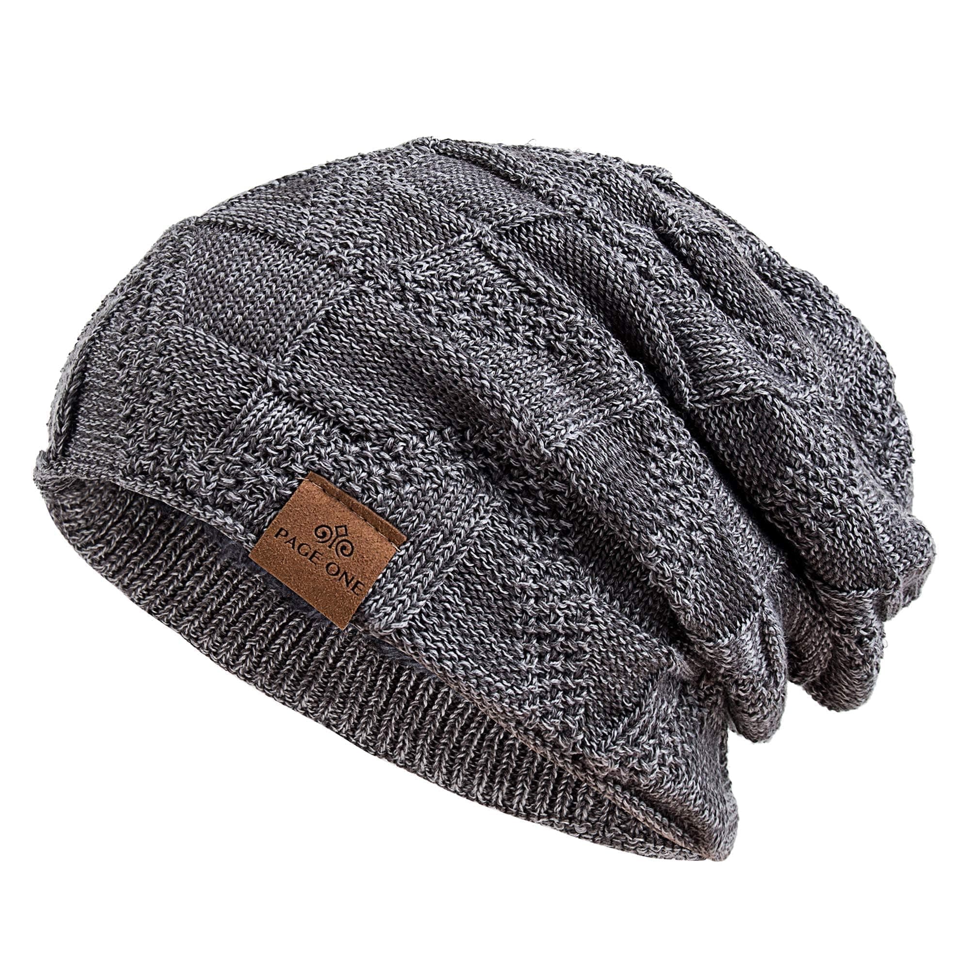 PAGE ONE Mens Winter Slouchy Beanie Warm Fleece Lined Skull Cap Baggy Cable Knit Hat
