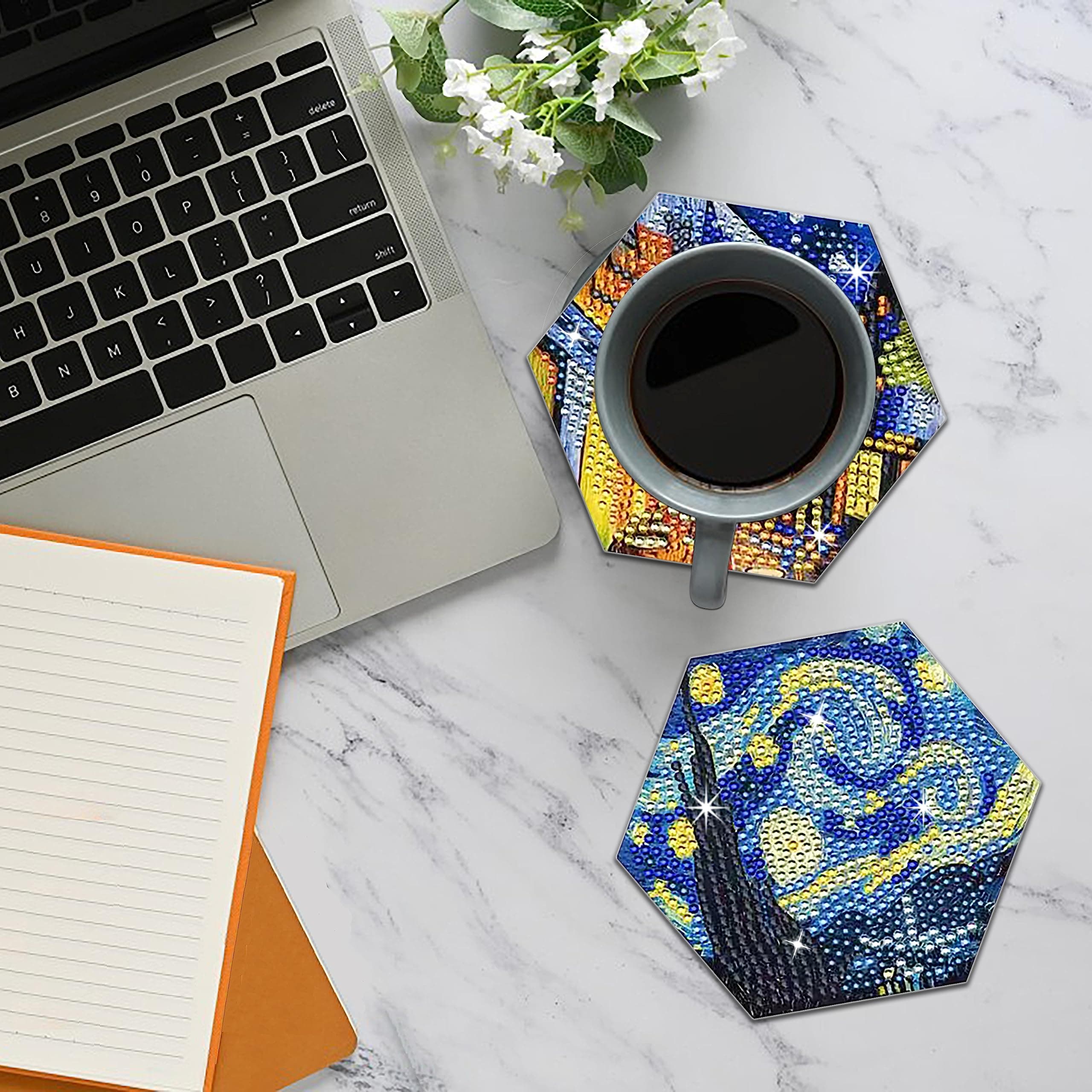 Diamond Painting Coasters Kits with Holder, 6 PCS Hexagonal Van Gogh Diamond Art Coasters Kit, DIY Diamond Painting Kits for Kids Adults Beginners