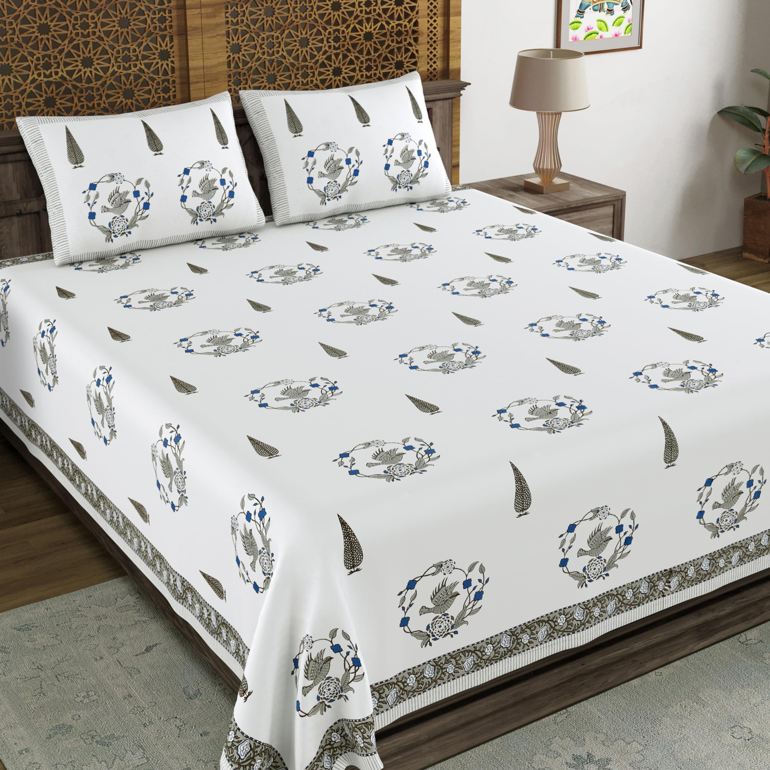 BLOCKS OF INDIA Hand Block Printed 200 TC Cotton Super King Size Bedsheet(106 x 106) (Multi 31)