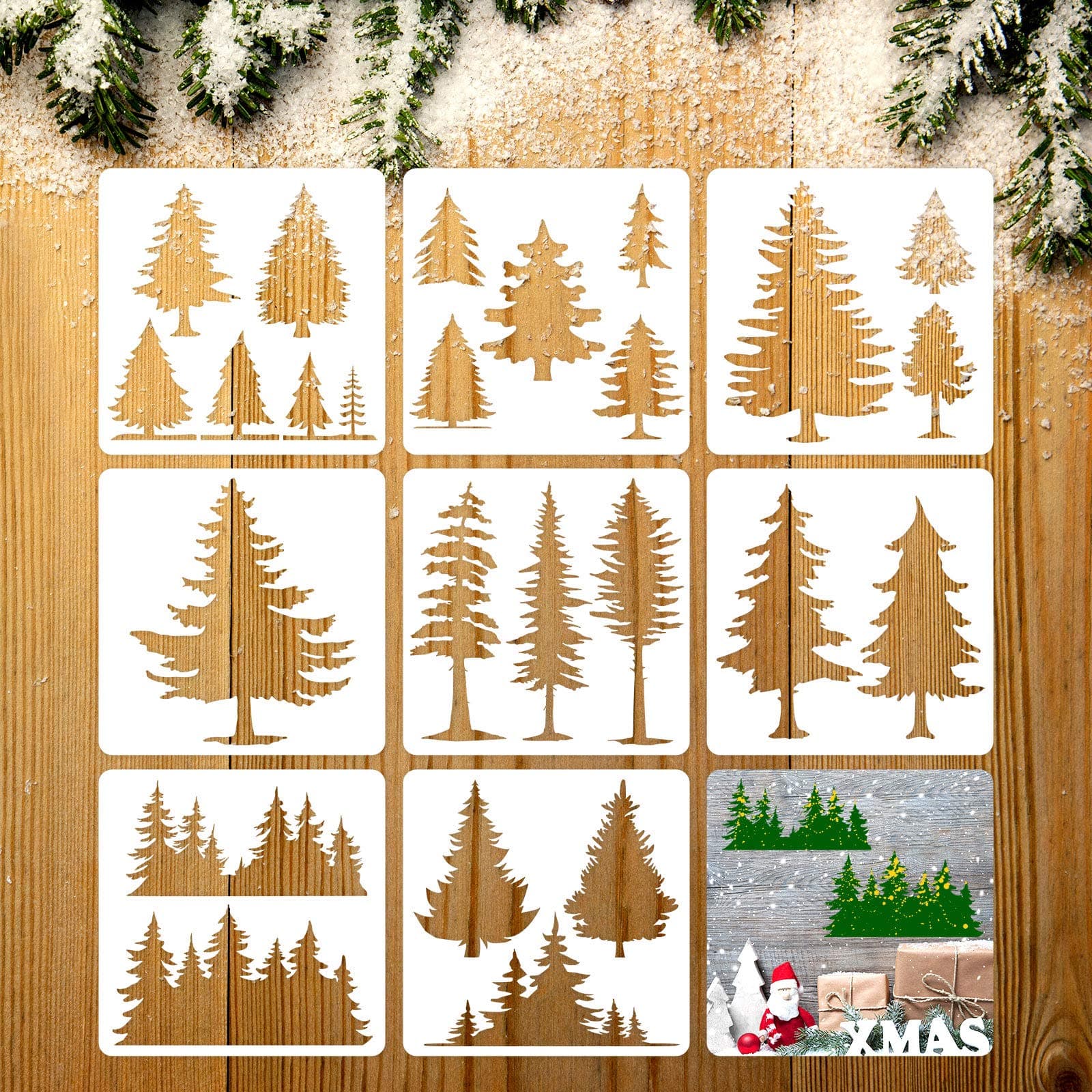 8 Pieces Pine Tree Stencils Art Painting Templates Stencils for Painting on Wood Winter Holiday DIY Wall Floor Decor Supplies